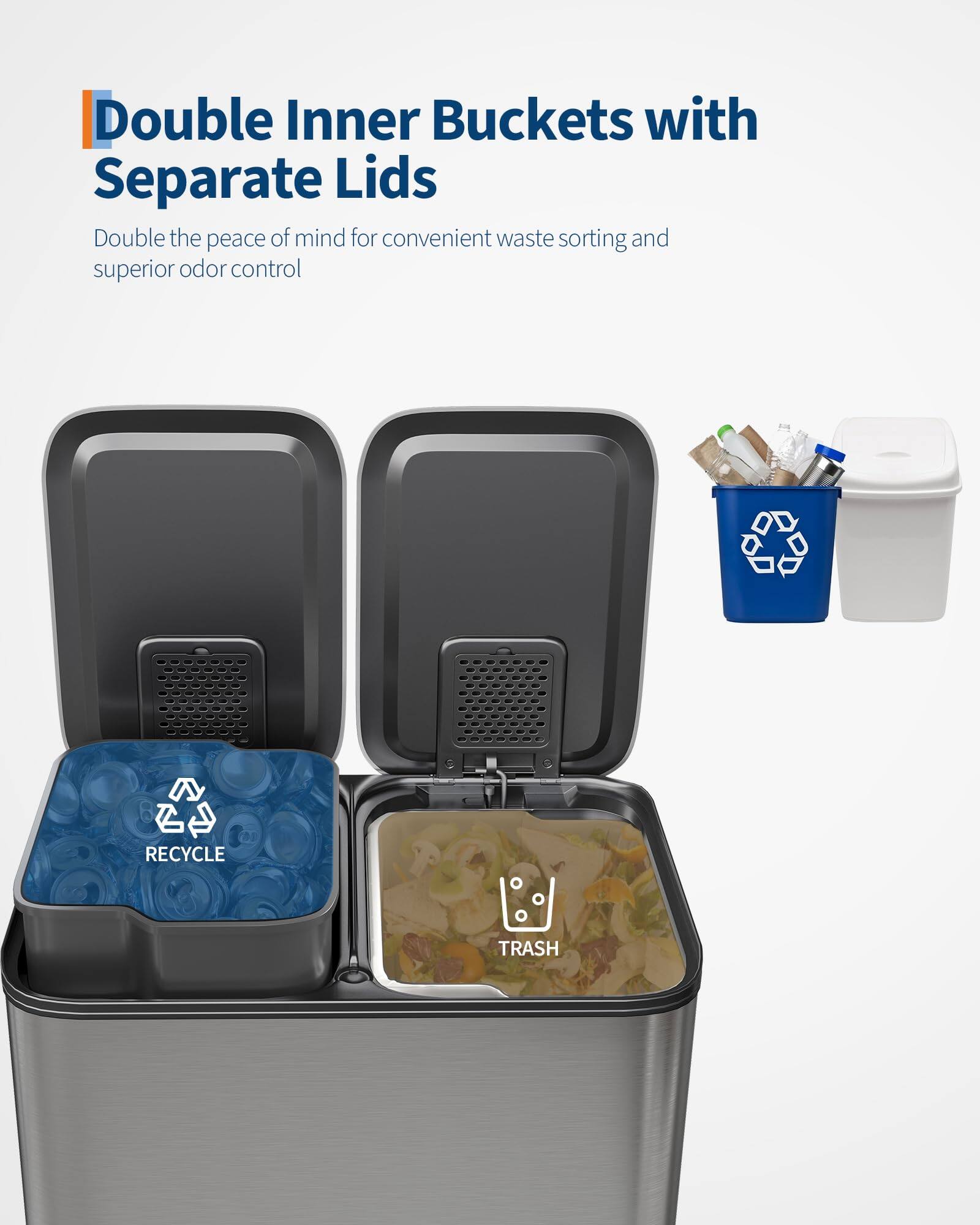 Double Inner Buckets with Separate Lids

Double the peace of mind for convenient waste sorting and superior odor control

RECYCLE

TRASH