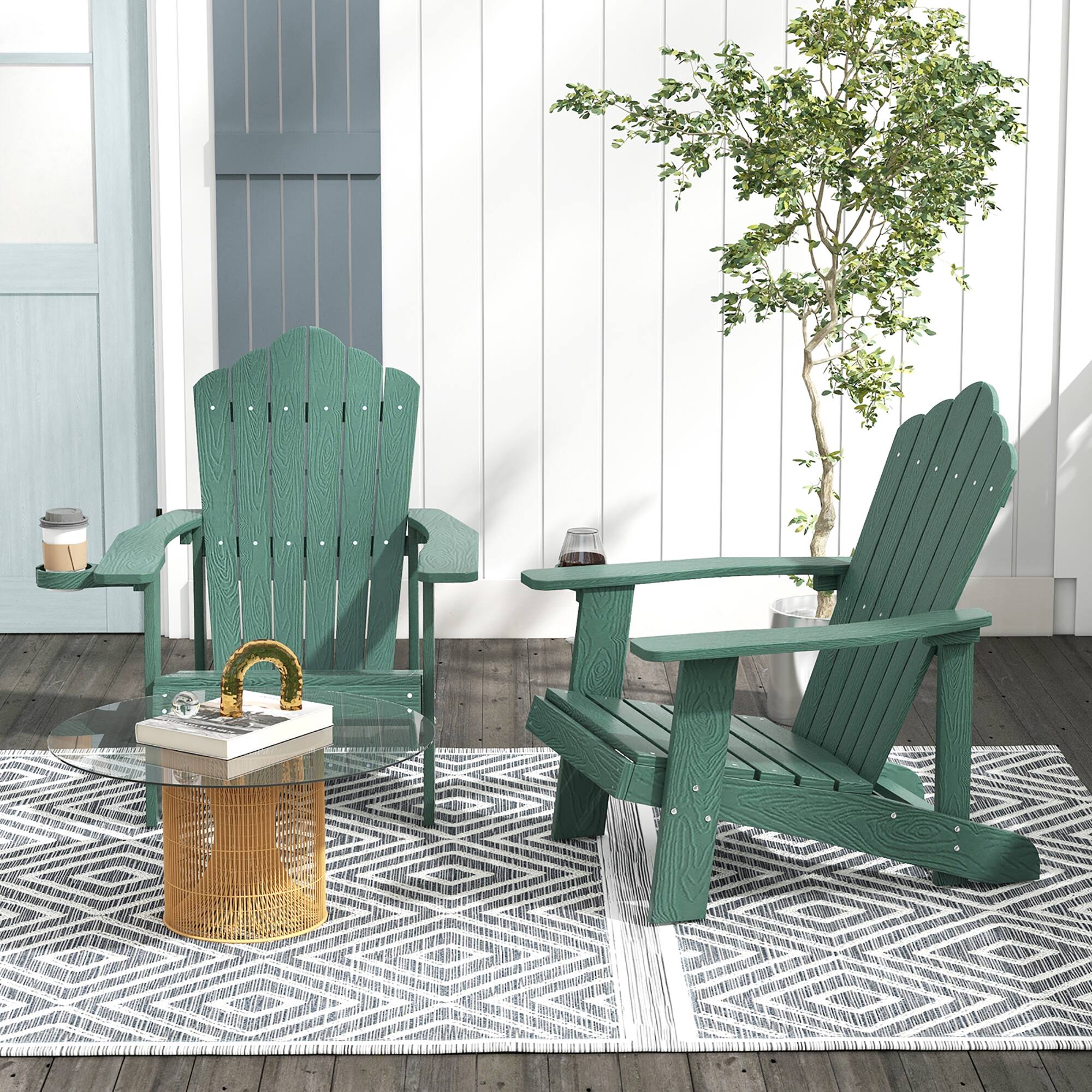 Alt View 2. Gymax - Gymax Patio HIPS Outdoor Weather Resistant Slatted Chair Adirondack Chair w/ Cup Holder Dark Green - Dark Green.