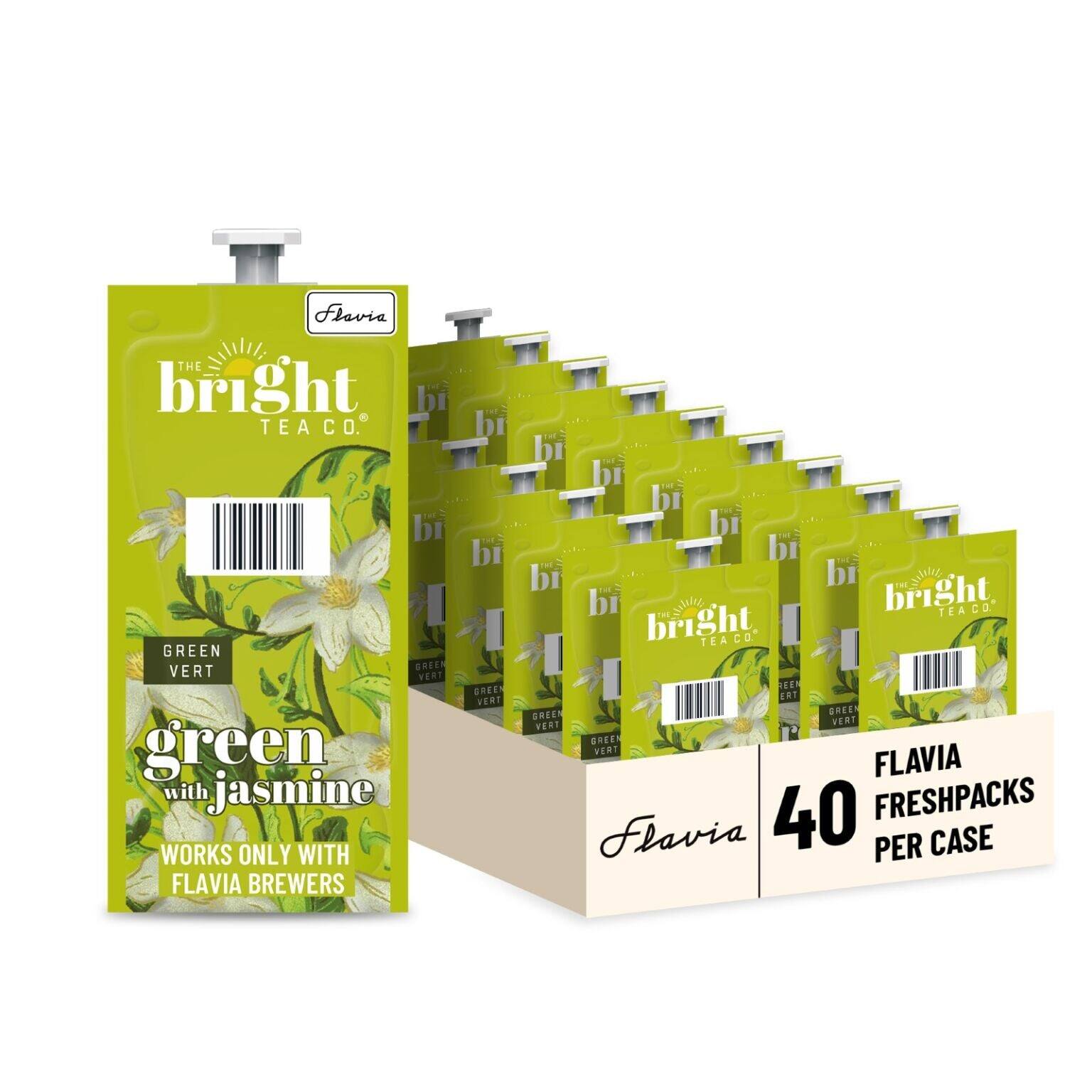 Flavia THE bright TEA CO.  
GREEN VERT  
green with jasmine  
WORKS ONLY WITH FLAVIA BREWERS  

FLAVIA  
40 FRESHPACKS PER CASE