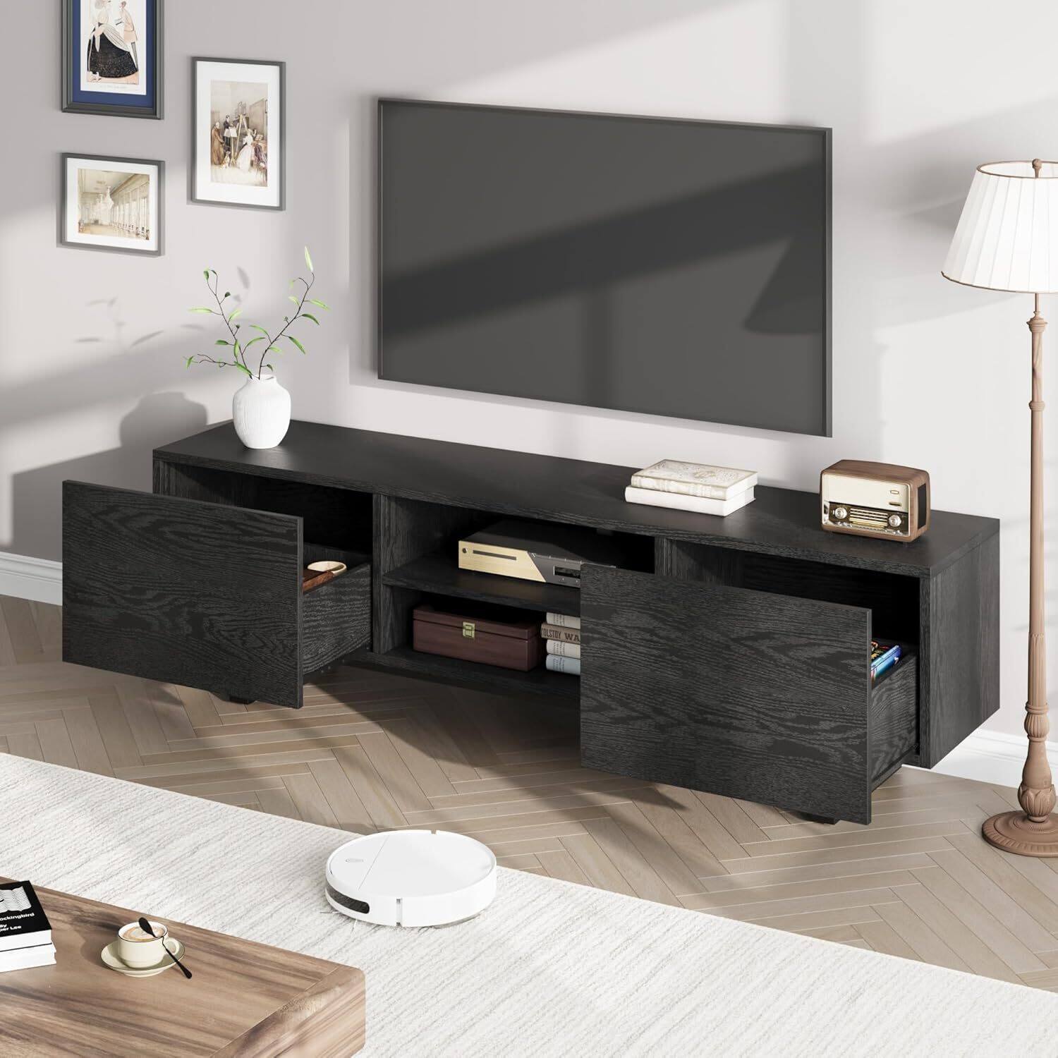Back. Acekool - Modern 70" Entertainment Center TV Stand for 65/75/80 Inch TV with 2 Drawers & Open Shelves, Black - Black.