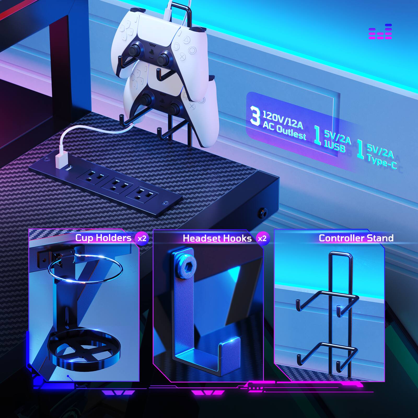 The text on the image describes various accessories for a gaming setup. The accessories include:

1. Cup Holders (x2)
2. Headset Hooks (x2)
3. Controller Stand
4. 120V/12A AC Outlets (1)
5. 5V/2A USB and 5V/2A Type-C charging ports (1 each)

These accessories are designed to enhance the gaming experience by providing convenience and organization for controllers, headsets, and other gaming equipment.
