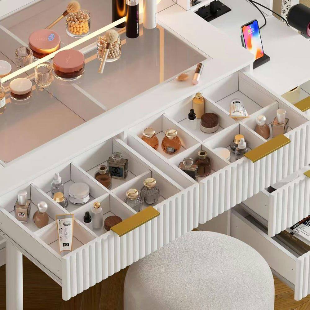 Back. Kadyn - Makeup Vanity Desk with Glass Top and Storage Drawers - White - White.