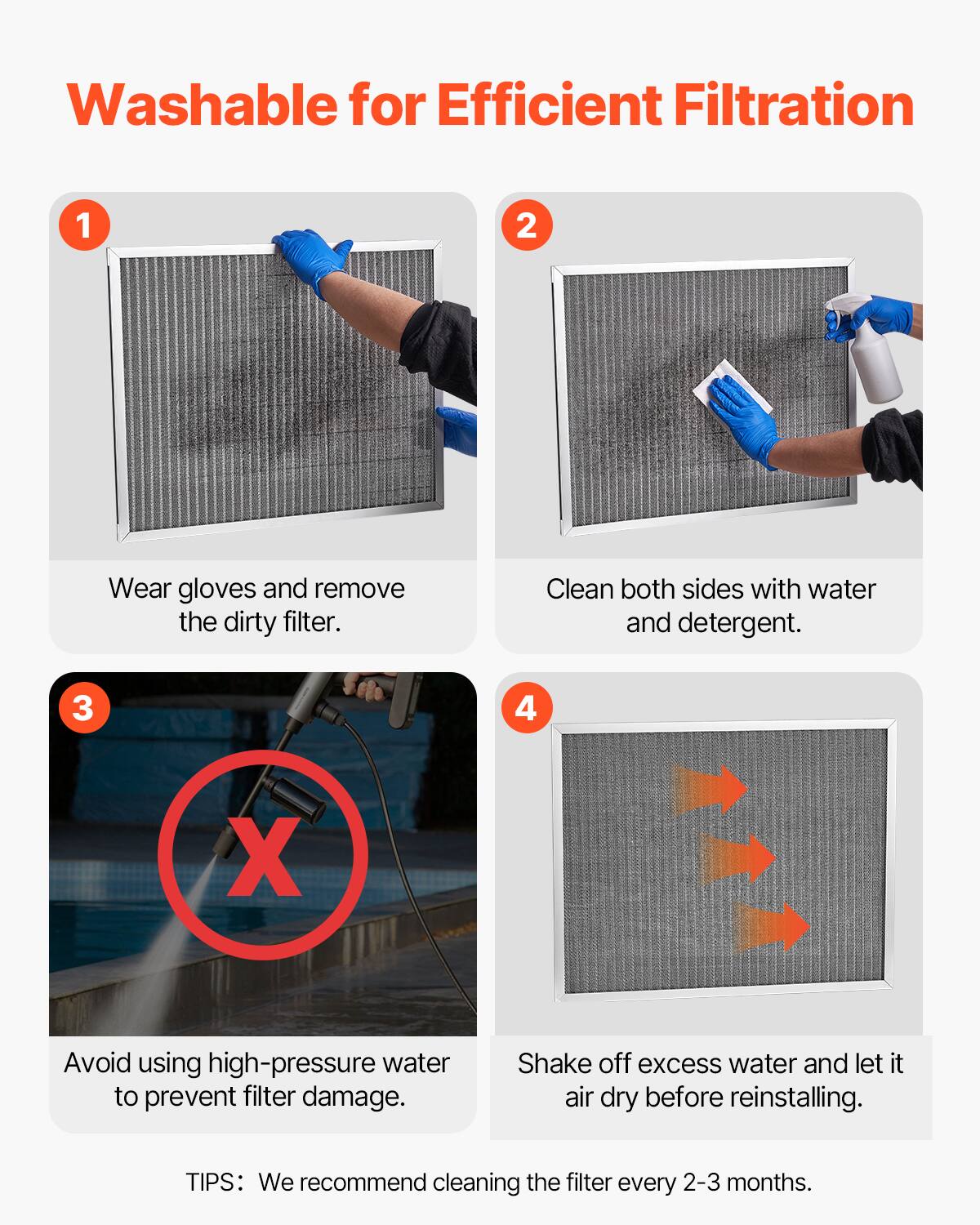 Washable for Efficient Filtration

1. Wear gloves and remove the dirty filter.

2. Clean both sides with water and detergent.

3. Avoid using high-pressure water to prevent filter damage.

4. Shake off excess water and let it air dry before reinstalling.

TIPS: We recommend cleaning the filter every 2-3 months.