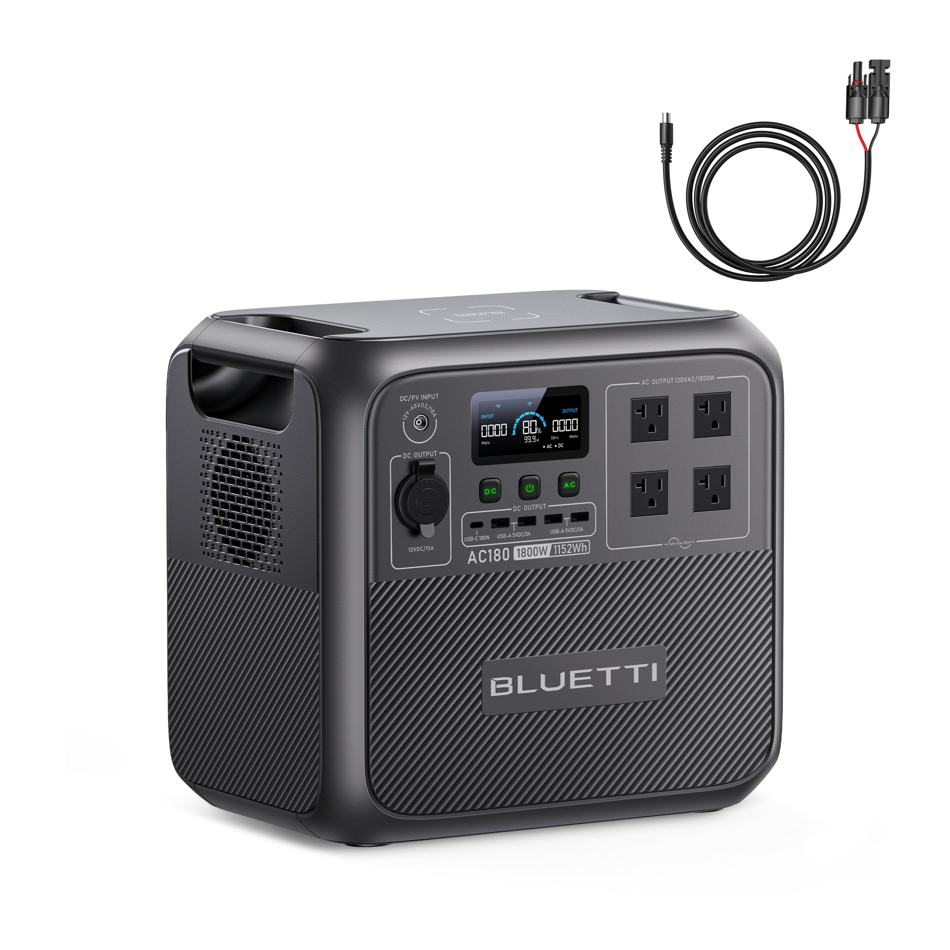 BLUETTI - 1800W Continuous/2700W Peak Output Power Station AC180 1152Wh LiFePO4 Battery Solar Generator for Outdoor (1152 Wh Capacity) - Gray