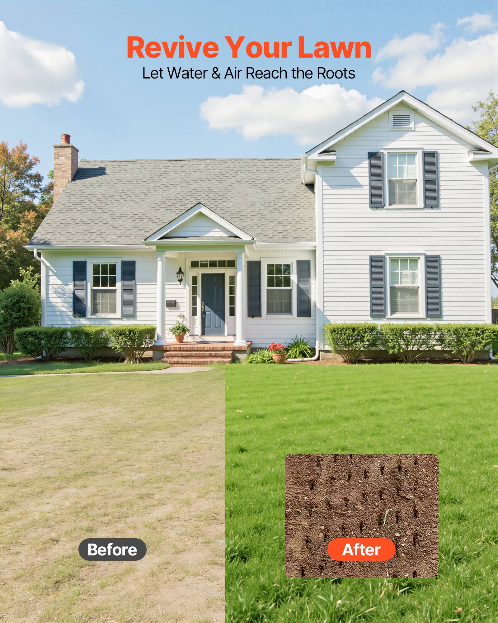 Revive Your Lawn  
Let Water & Air Reach the Roots  

Before  
After