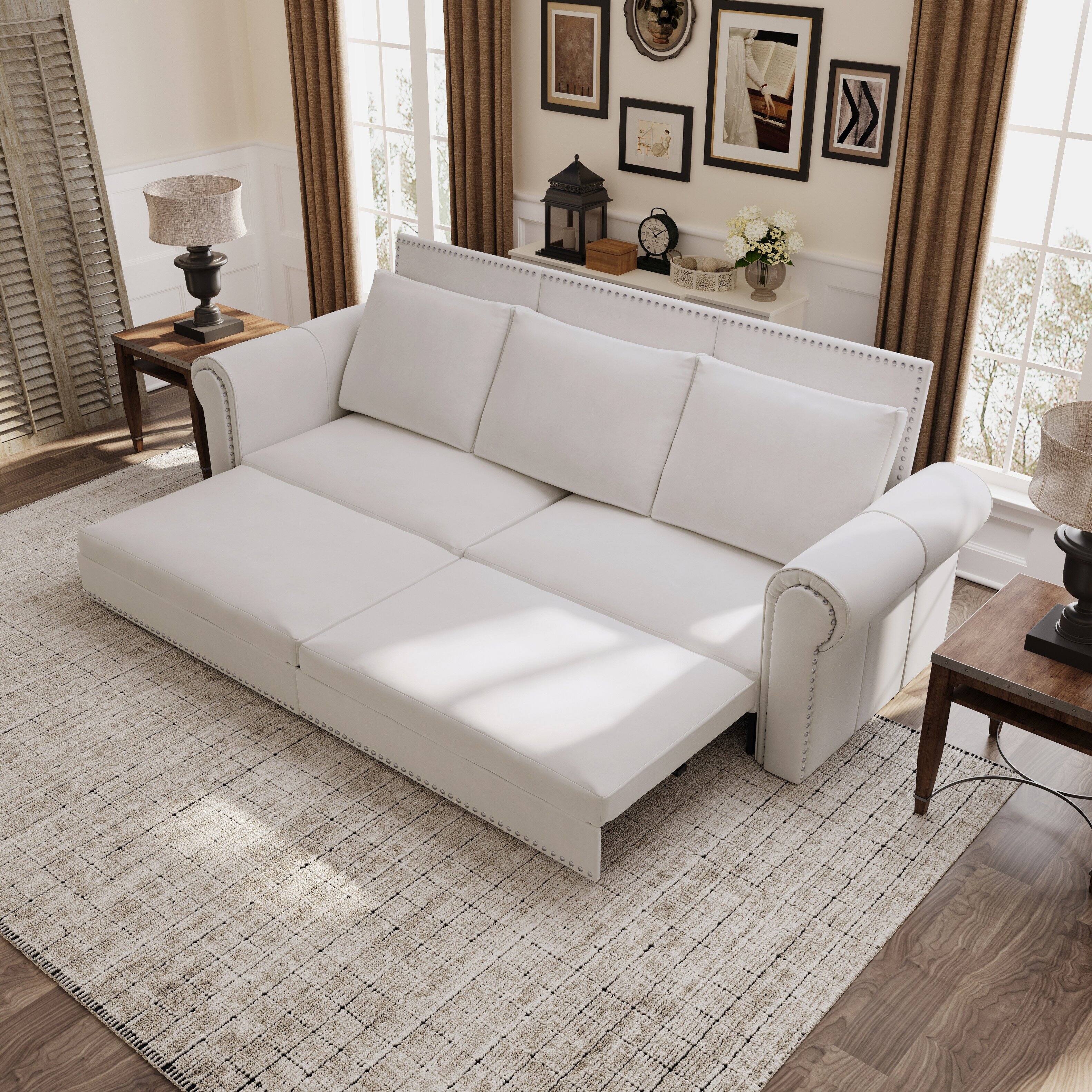 Angle. Anysun - 93.7" 3-in-1 Velvet Convertible Sofa Bed - King Pull-Out Sleeper, Nailhead Trim & Rolled Arms for Living Room & Bedroom - White.