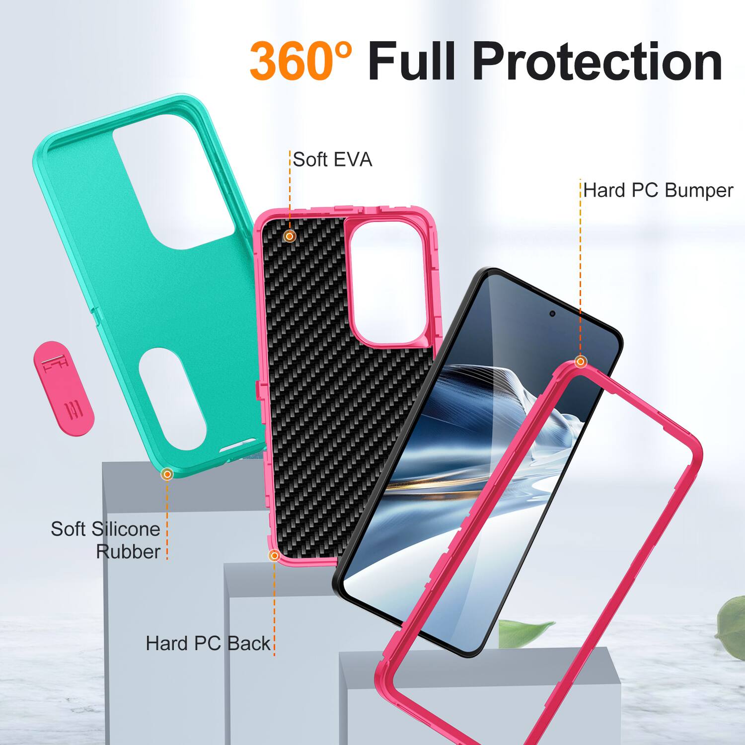 360° Full Protection

- Soft EVA
- Hard PC Bumper
- Soft Silicone Rubber
- Hard PC Back