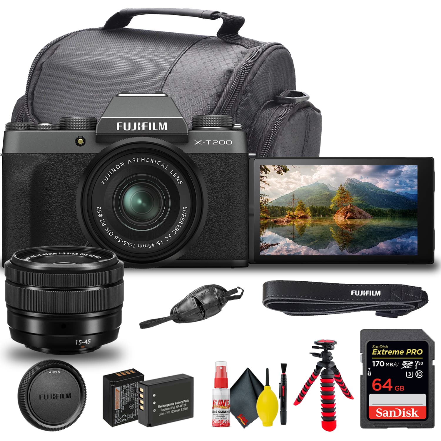 Fujifilm- X-T200 Mirrorless Digital Camera with 15-45mm Lens (16645864) + SanDisk 64GB Extreme PRO Card + D- Dark Silver