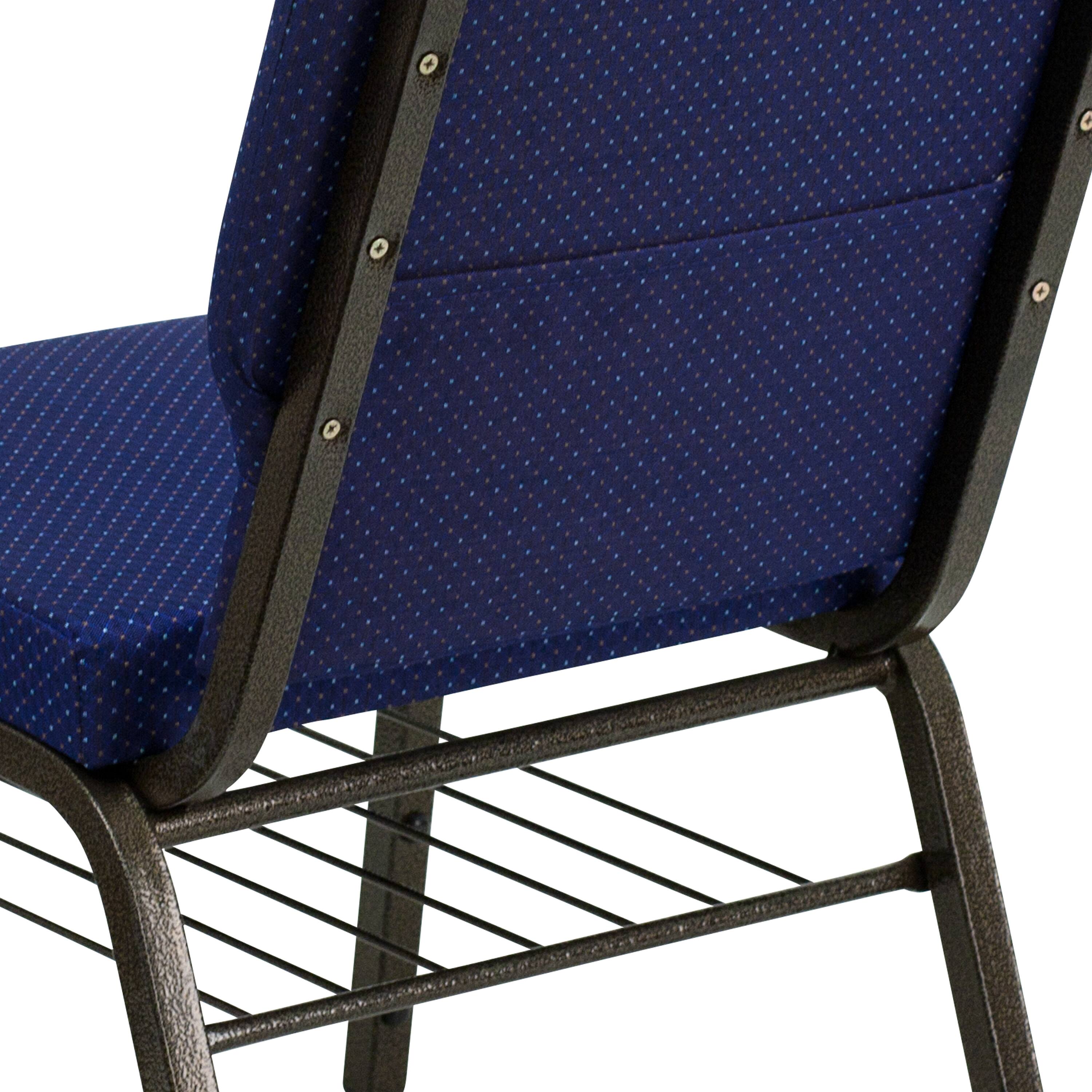 Alt View 8. Emma + Oliver - Auditorium Chair - 19" Seat - Book Rack - Navy Blue Patterned Fabric/Gold Vein Frame.