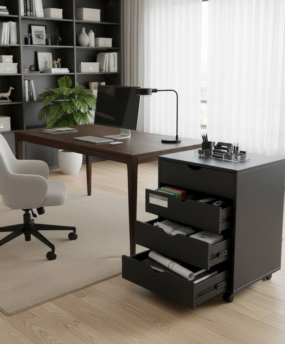 Angle. AOITUN - Dark Black Wood 5-Drawer Chest - Rolling Dresser with Drawers for Bedroom & Office - Black.