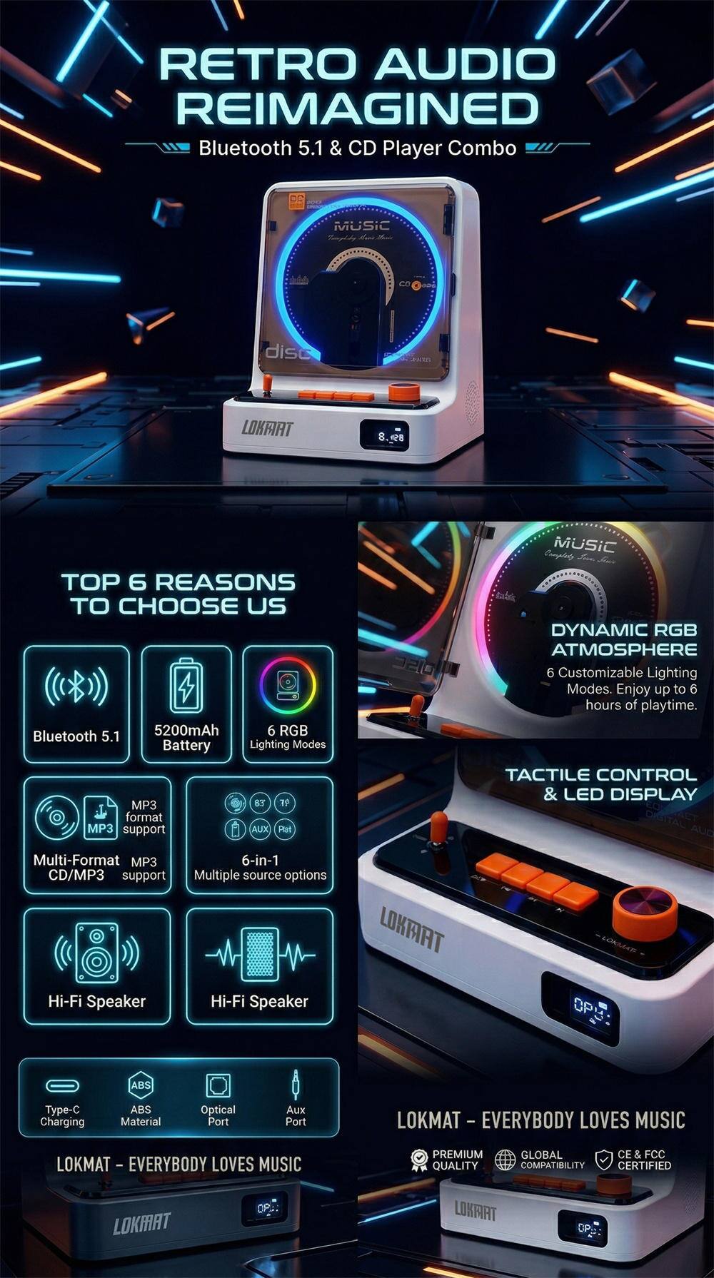 RETRO AUDIO REIMAGINED  
Bluetooth 5.1 & CD Player Combo  

TOP 6 REASONS TO CHOOSE US  
- Bluetooth 5.1  
- 5200mAh Battery  
- 6 RGB Lighting Modes  
- MP3 Support  
- Multi-Format CD/MP3 Support  
- 6-in-1 Multiple Source Options  
- Hi-Fi Speaker  
- Type-C Charging  
- ABS Material  
- Optical Port  
- Aux Port  

DYNAMIC RGB ATMOSPHERE  
6 Customizable Lighting Modes. Enjoy up to 6 hours of playtime.  

TACTILE CONTROL & LED DISPLAY  

LOKMAT - EVERYBODY LOVES MUSIC  
PREMIUM QUALITY  
GLOBAL COMPATIBILITY CERTIFIED  
CE & FCC