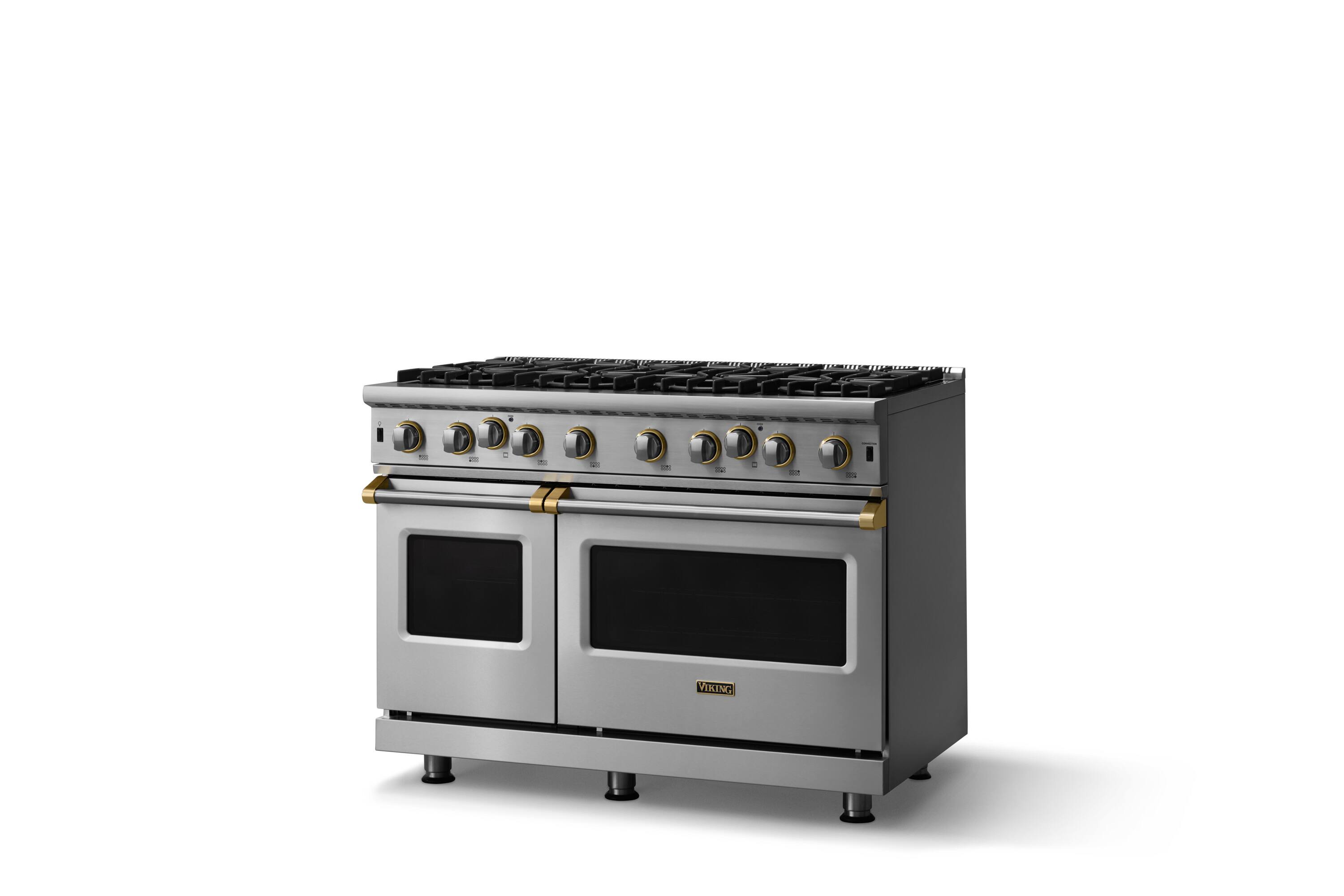 Angle. Viking - 30"W. 6.1 Cu.Ft. Freestanding Manual Clean Open 8B Gas Convection Range/Double Oven-Stainless Steel/Brushed Brass - Stainless steel.