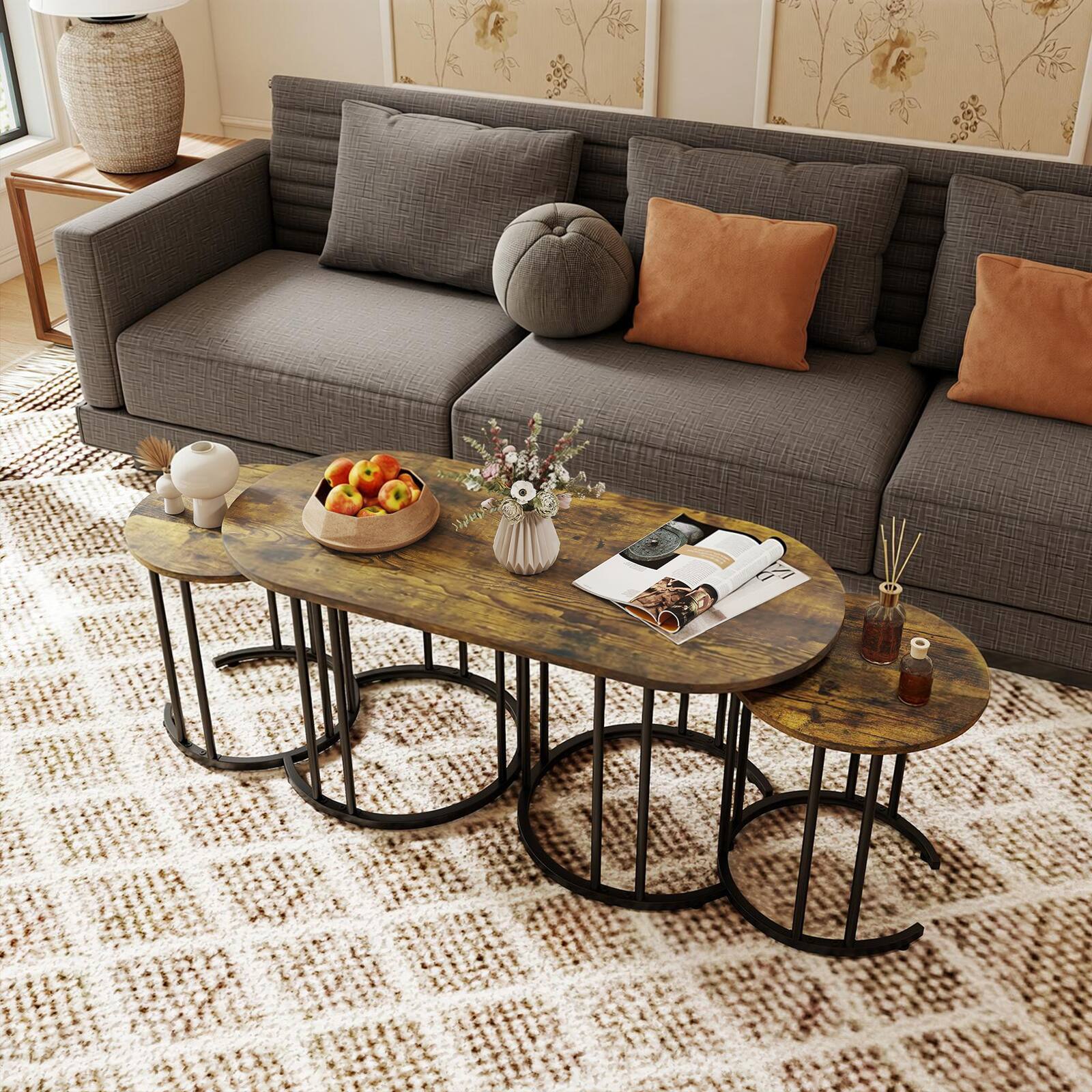 Alt View 4. Costway - Costway 3-Piece Nesting Coffee Table Set, 43" Coffee Table with 2 Side Tables for Apartment - Rustic Brown & Black.