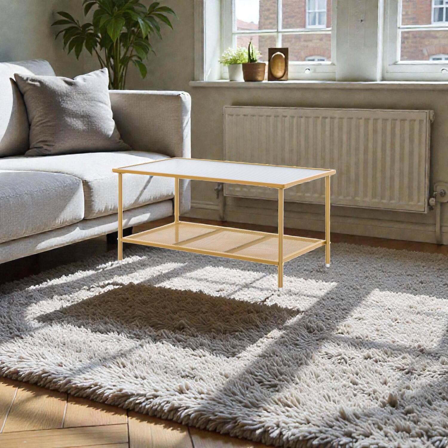 Front. Hivvago - Modern Glass-Top Coffee Table with Dual Shelves - Golden.