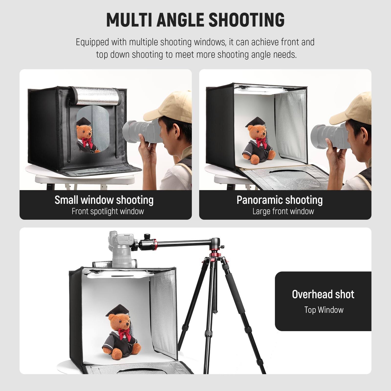 MULTI ANGLE SHOOTING

Equipped with multiple shooting windows, it can achieve front and top down shooting to meet more shooting angle needs.

- Small window shooting
  - Front spotlight window

- Panoramic shooting
  - Large front window

- Overhead shot
  - Top Window