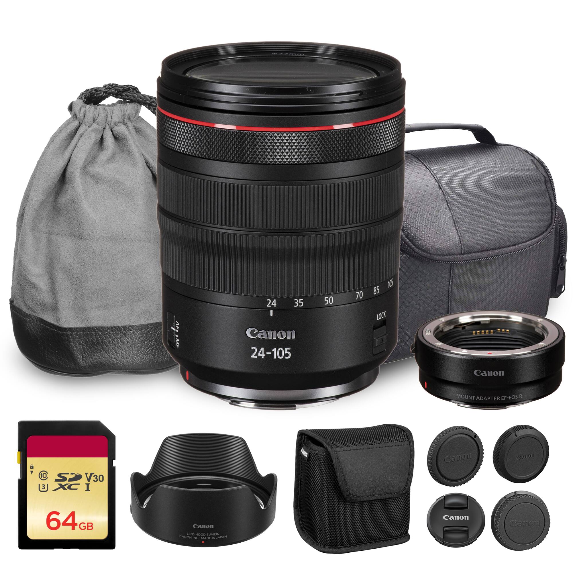 Canon 24-105mm f/4L IS II USM  
Canon Mount Adapter EF-EOS R  
Canon Lens Hood EW-73  
Canon Lens Cap  
Canon 64GB SDXC UHS-I V30 Memory Card  
Canon Lens Case