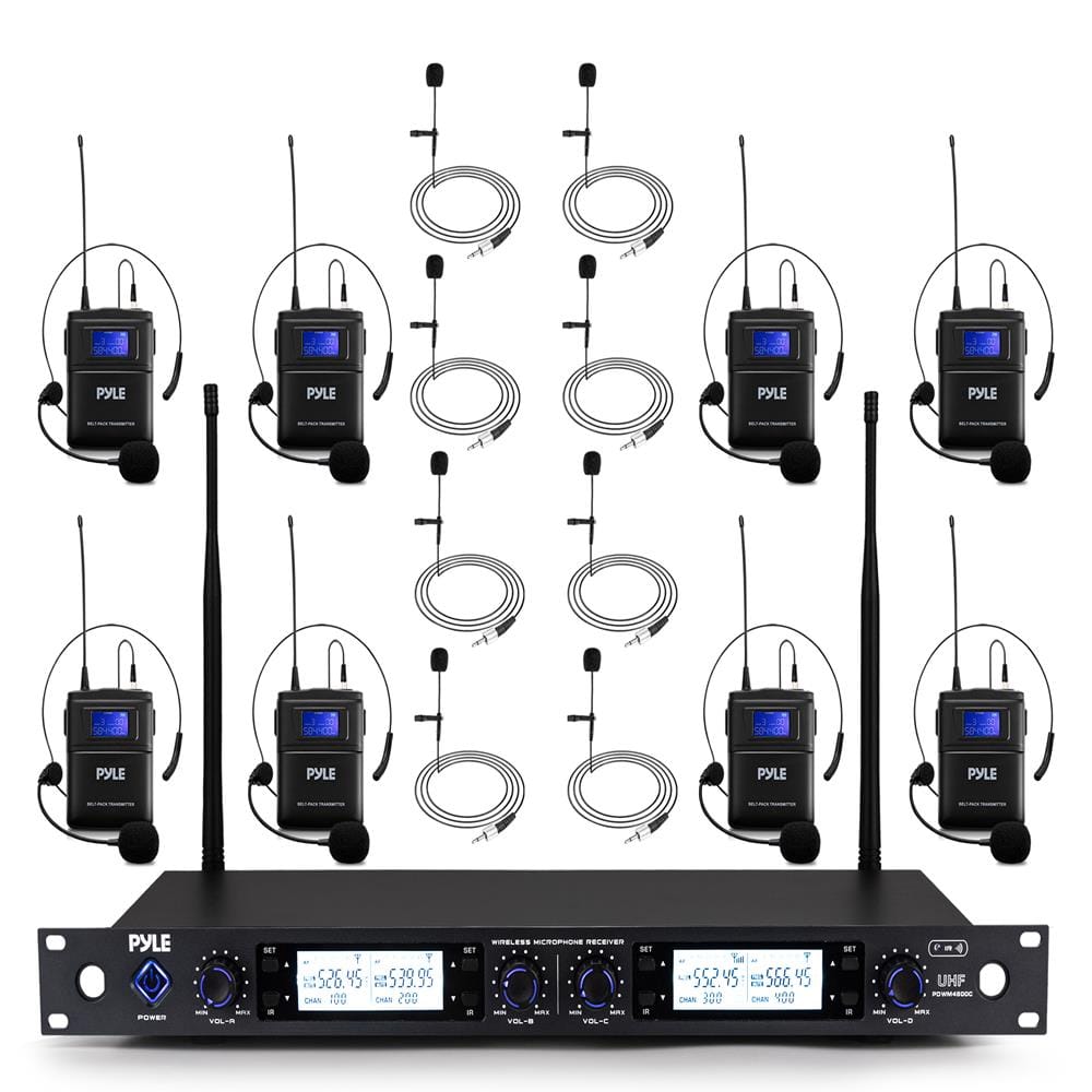 Pyle - 4-Channel Wireless Microphone System with Lavalier & Headset Microphones, Belt Transmitters, an