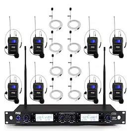 Pyle - 4-Channel Wireless Microphone System with Lavalier & Headset Microphones, Belt Transmitters, an