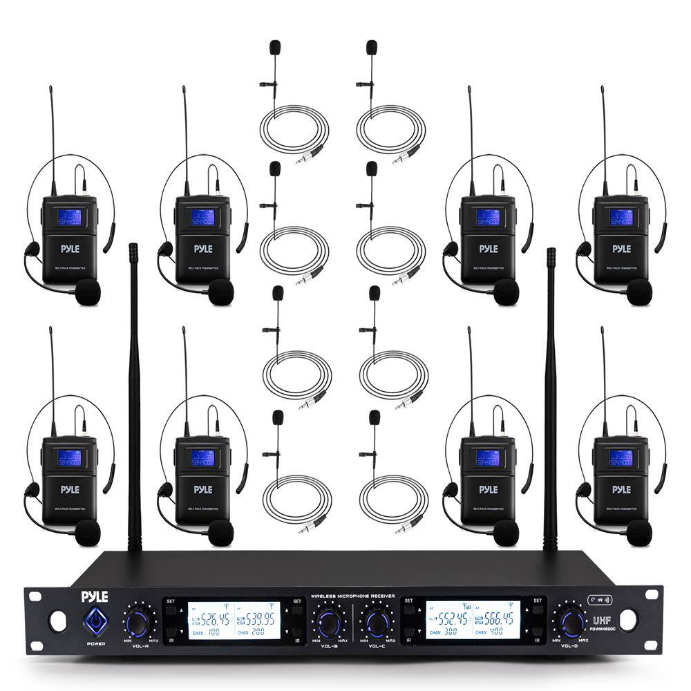 Pyle - 4-Channel Wireless Microphone System with Lavalier & Headset Microphones, Belt Transmitters, an
