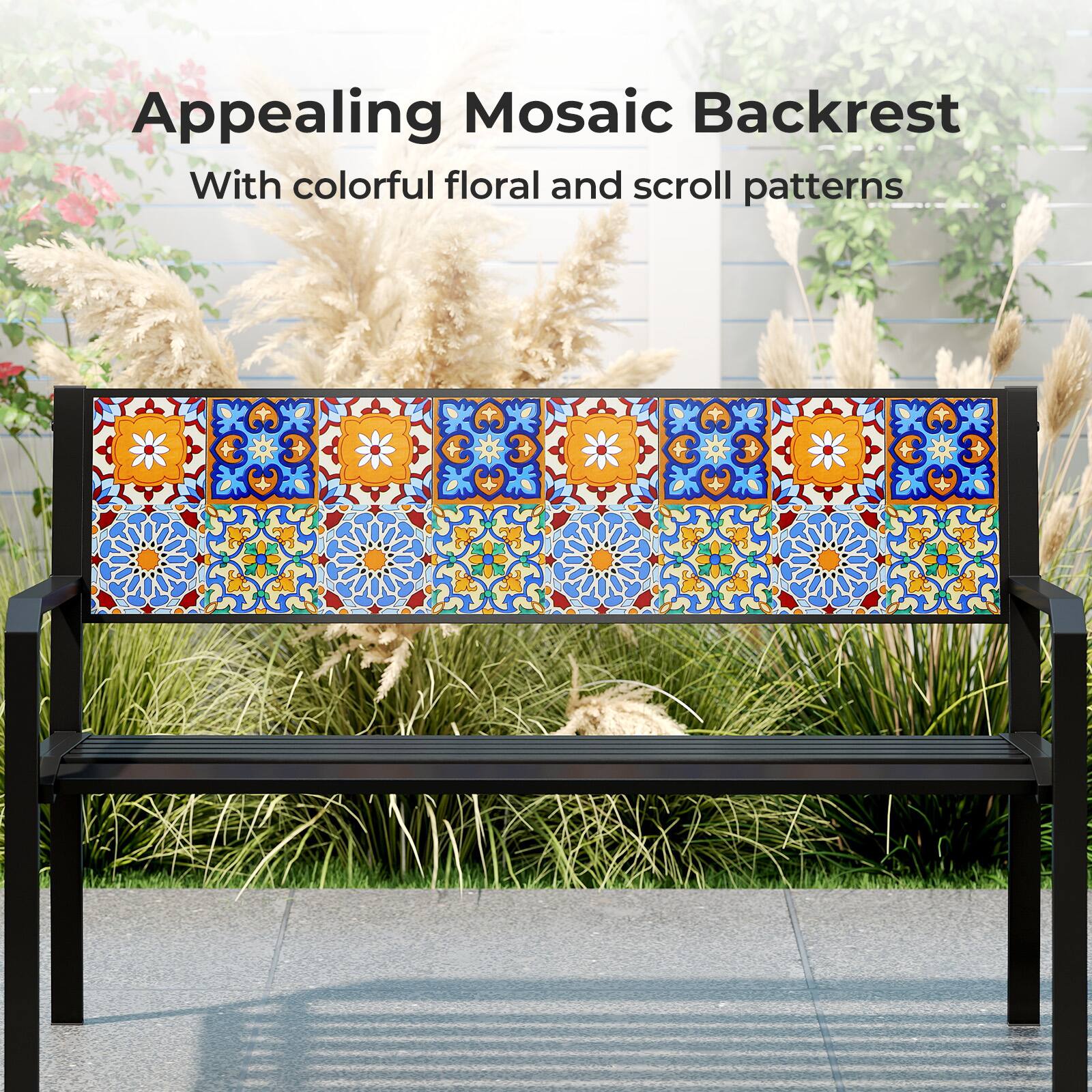 Appealing Mosaic Backrest  
With colorful floral and scroll patterns