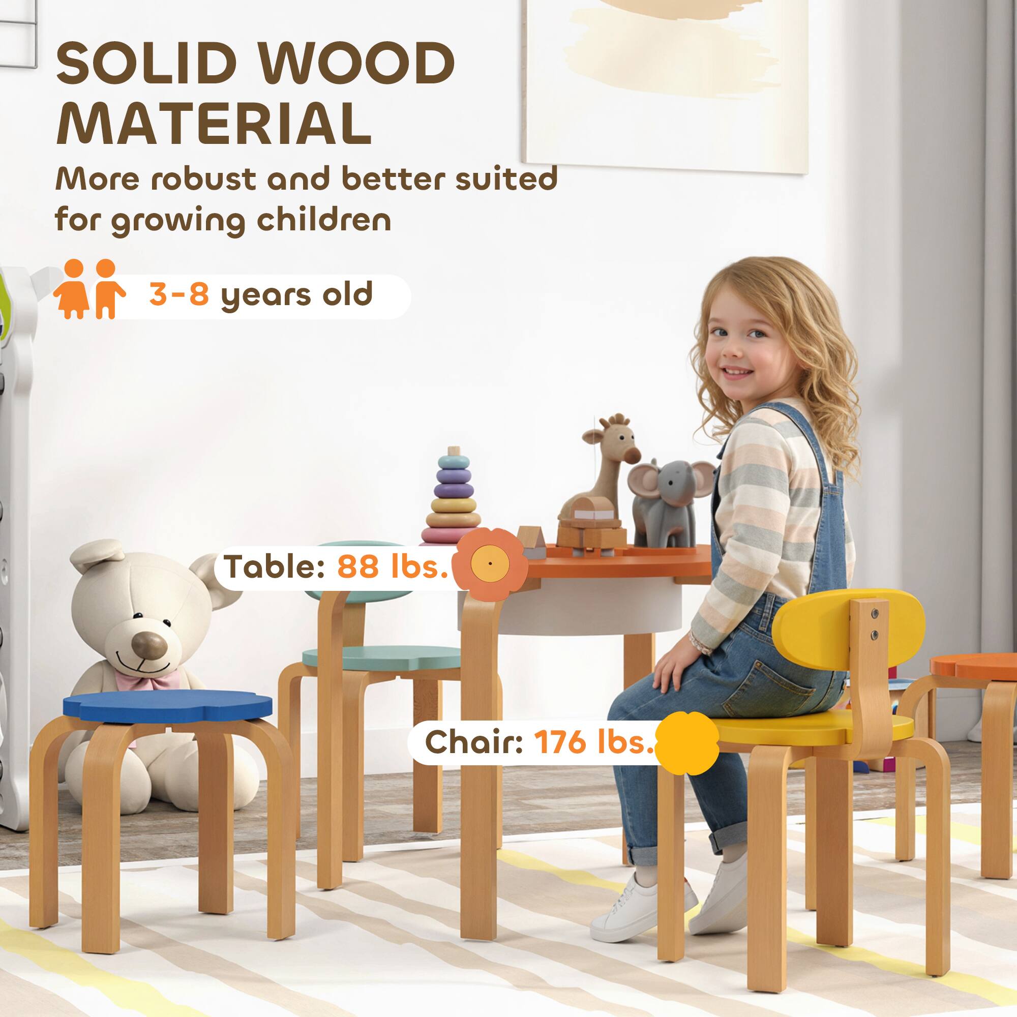 SOLID WOOD MATERIAL  
More robust and better suited for growing children  
3-8 years old  

Table: 88 lbs.  
Chair: 176 lbs.