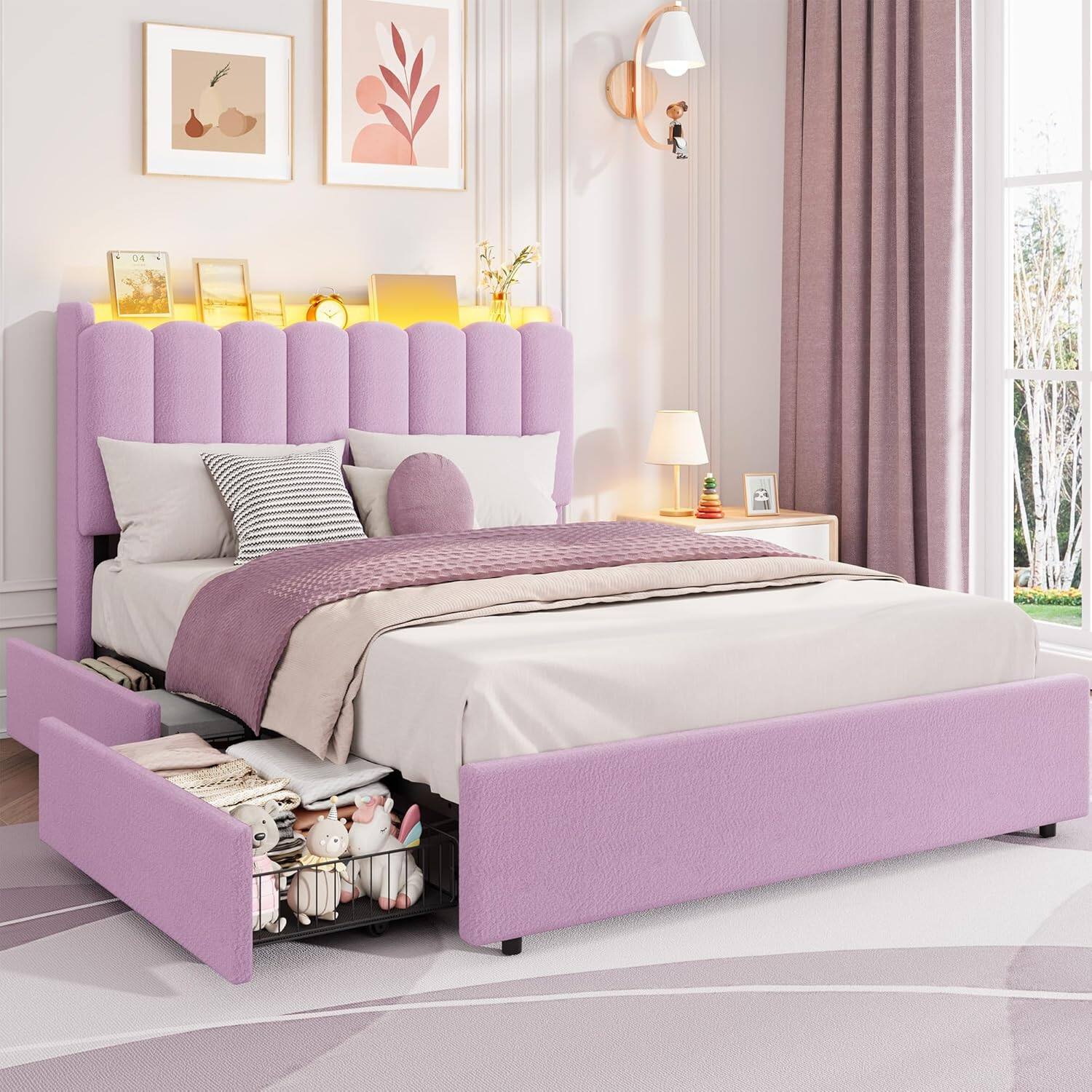 Front. Homhougo - LED Full Size Bed Frame with Storage Headboard,Boucle Upholstered Kids Bed with 2 Drawers,Wavy Bookcase,Purple - Purple.