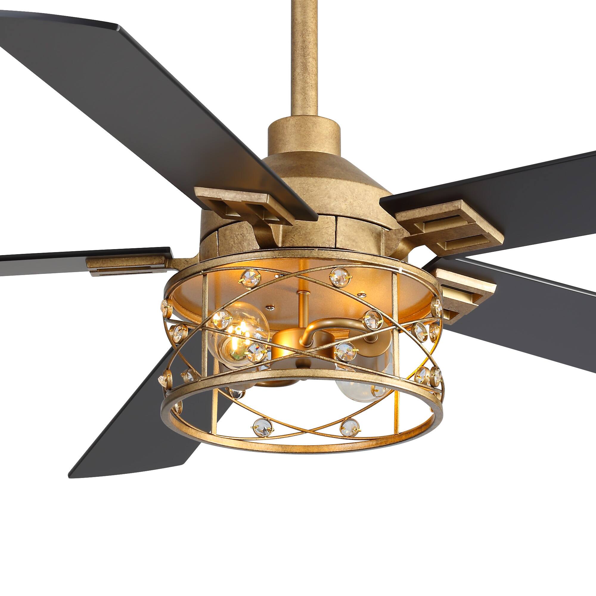 Alt View 9. Breezary - 52-In Ceiling Fan with Crystal Light Fixture, 5 Reversible Plywood Blades, DC Motor, Remote Control, Includes 2 Downrods - black and golden.