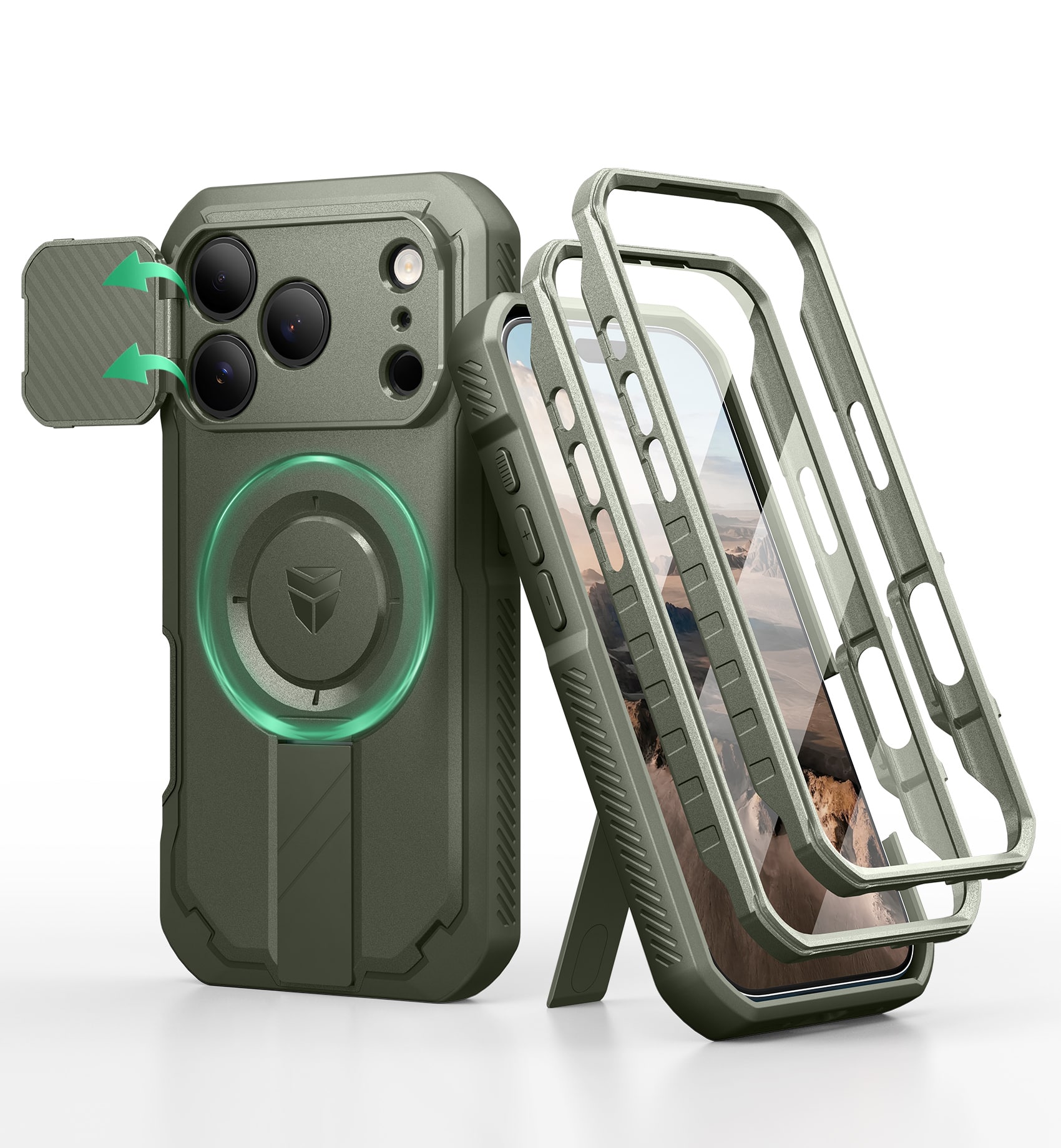 dexnor - iPhone 17 Pro Case: 2 Front Frames, Flip Cam Cover, Kickstand, Mag,Screen Protector, 6.3in - Army Green