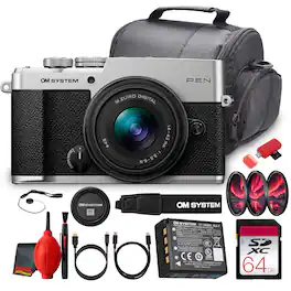 OM System - PEN Compact Camera 14-42mm III Lens Travel Photography Kit Bundle - Silver