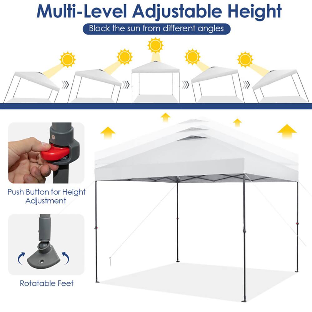 Multi-Level Adjustable Height  
Block the sun from different angles  

Push Button for Height Adjustment  
Rotatable Feet