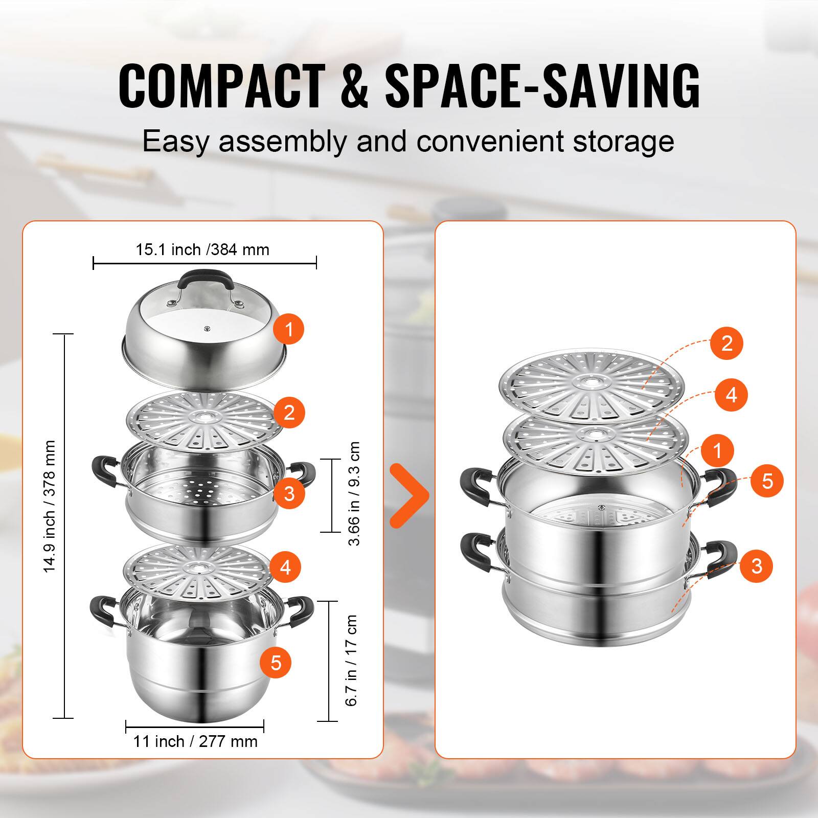 COMPACT & SPACE-SAVING, Easy assembly and convenient storage, 15.1 inch / 384 mm, 14.9 inch / 378 mm, 3.66 in / 9.3 cm, 6.7 in / 17 cm, 11 inch / 277 mm, 1, 2, 3, 4, 5.