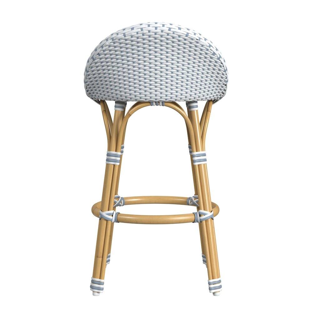 Angle. Butler Specialty - Tobias 24.5 in. Seat Height Outdoor Rattan and Metal Low Back Counter Stool - White And Sky Blue Dot.