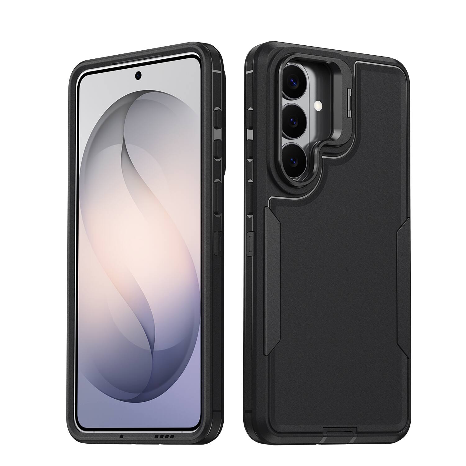 Angle. Dteck - For Samsung Galaxy S25 Rugged Case, Heavy Duty Dual Layer Shockproof Lens Kickstand Drop Protection Cover - Black.