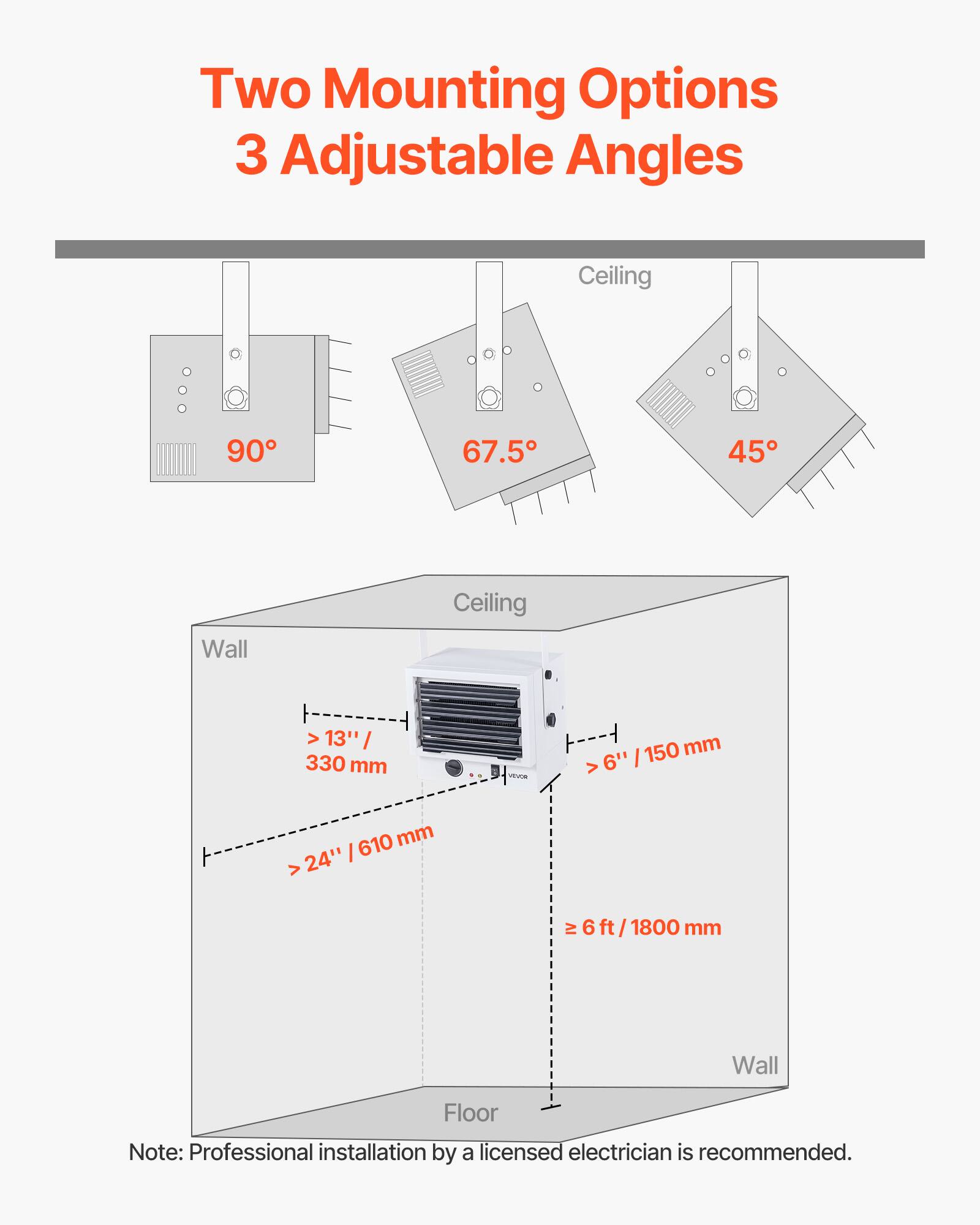 Two Mounting Options  
3 Adjustable Angles

Ceiling  
90°  
67.5°  
45°

Wall  
Ceiling  
> 13" / 330 mm  
> 6" / 150 mm  
> 24" / 610 mm  
≥ 6 ft / 1800 mm

Note: Professional installation by a licensed electrician is recommended.