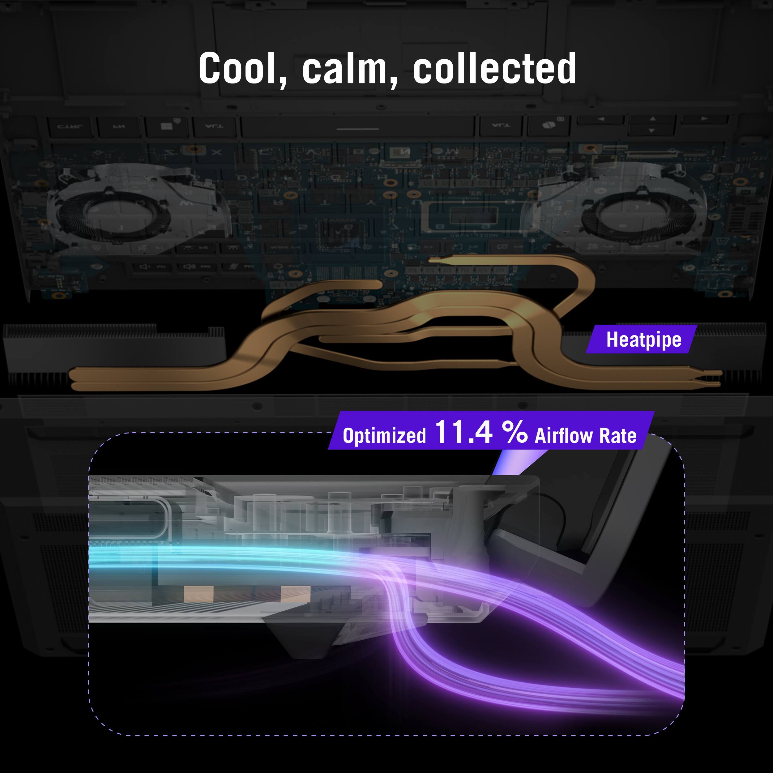 Cool, calm, collected

- VTA X M - Pns - C lad

Heatpipe

Optimized 11.4% Airflow Rate