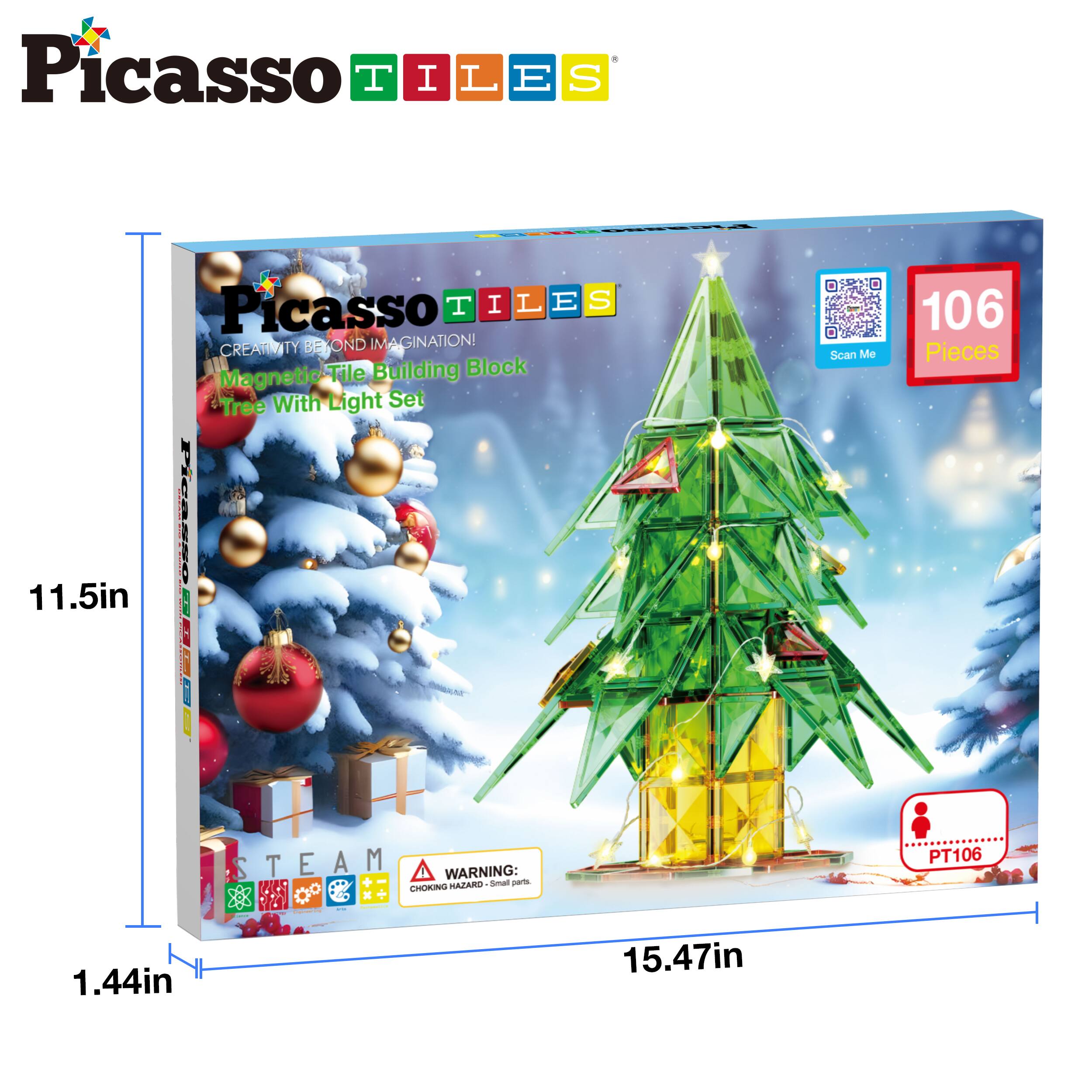 Picasso Tiles  
Creativity Beyond Imagination!  
Magnetic Tile Building Block  
Tree With Light Set  

106 Pieces  
11.5in x 15.47in x 1.44in  

WARNING: Choking Hazard - Small parts. Not for children under 3 years.  

PT106  

STEAM