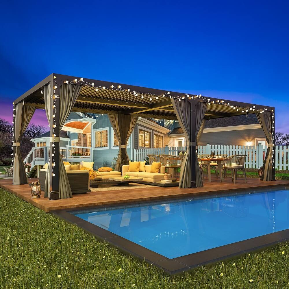 Left. U-HOMY - 12x20 Outdoor Pergola, Louvered Pergola with Adjustable Aluminum Rainproof Roof for Patio, Backyard, Pool party - Black.