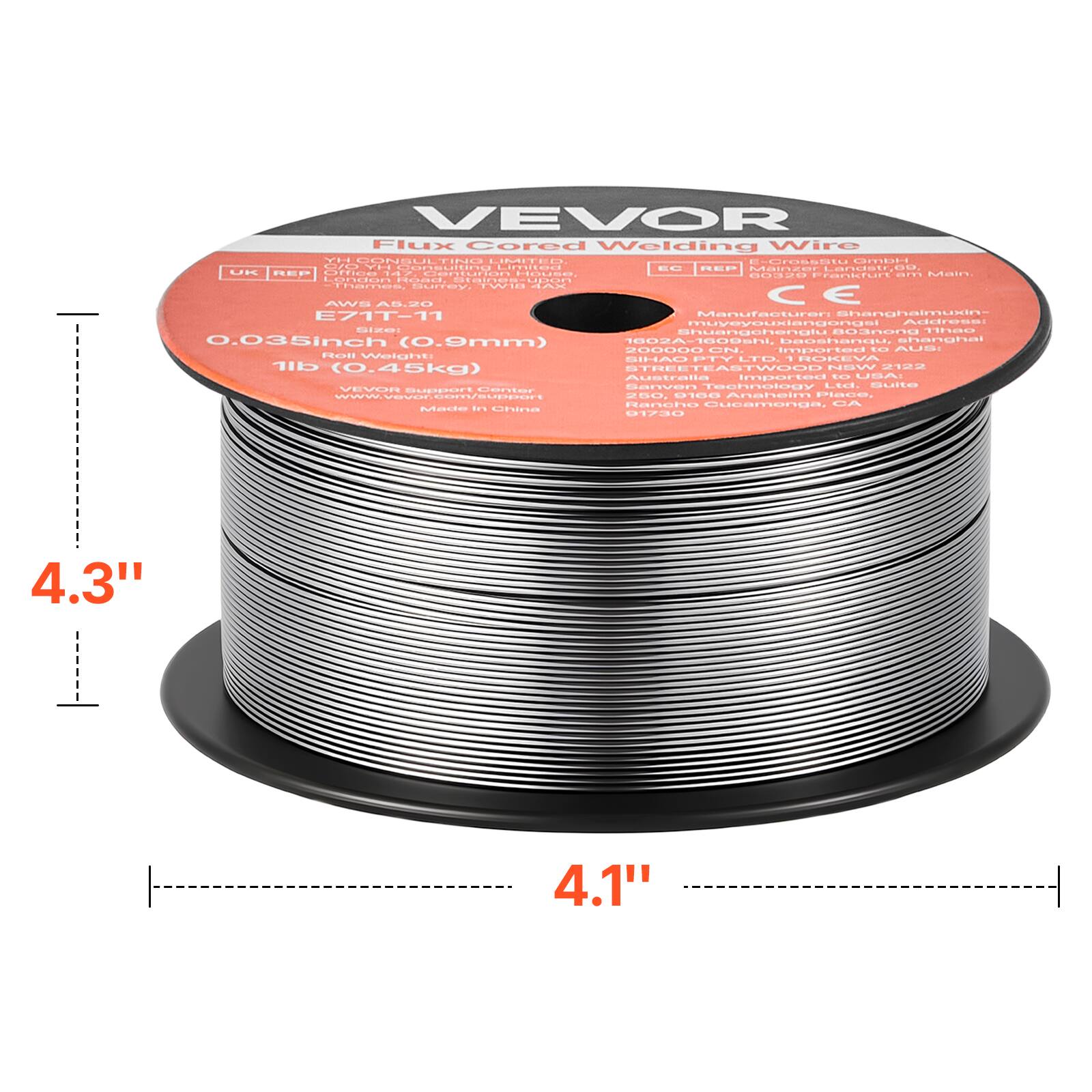 VEVOR Flux Cored Welding Wire

UK REF: 500056
AWS A5.20
E71T-11
Size: 0.035in (0.9mm)
Roll Weight: 1lb (0.45kg)

Manufacturer: Shanghai Muxin Machinery Co., Ltd.
Address: 803 Shanghenglu, Baoshan, Shanghai, China

Imported to:
- Australia: STREE EASTWOOD NEW 2122, Australia, Tec Impex Ltd., Suite 506, 11750, 11750, 11750, 11750, 11750, 11750, 11750, 11750, 11750, 11750, 11750, 11750, 11750, 11750, 11750, 11750, 11750, 11750, 117