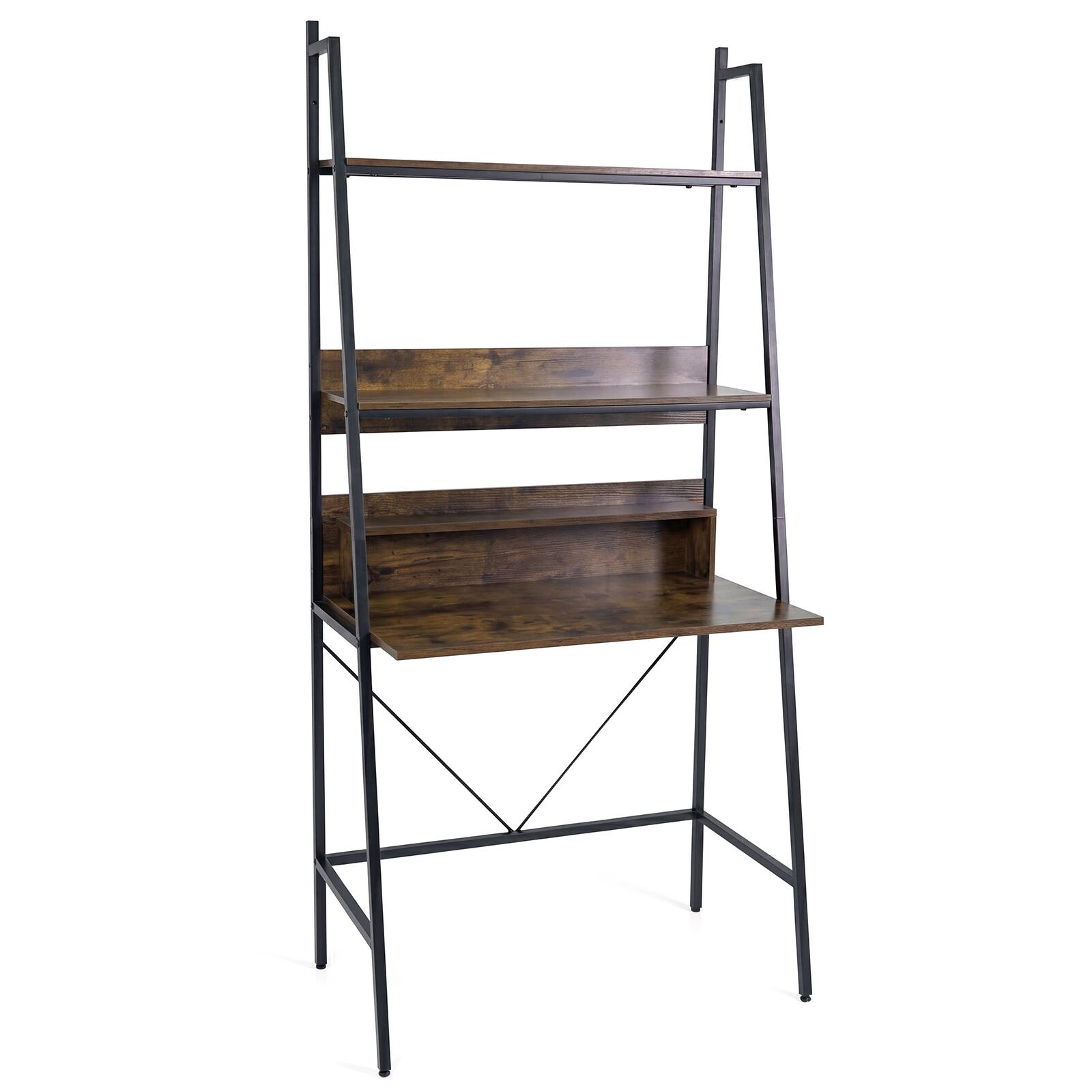 Angle. Costway - Costway 71" High Ladder Desk with Open Shelves 3-Tier Ladder Shelf Computer Desk - Brown.