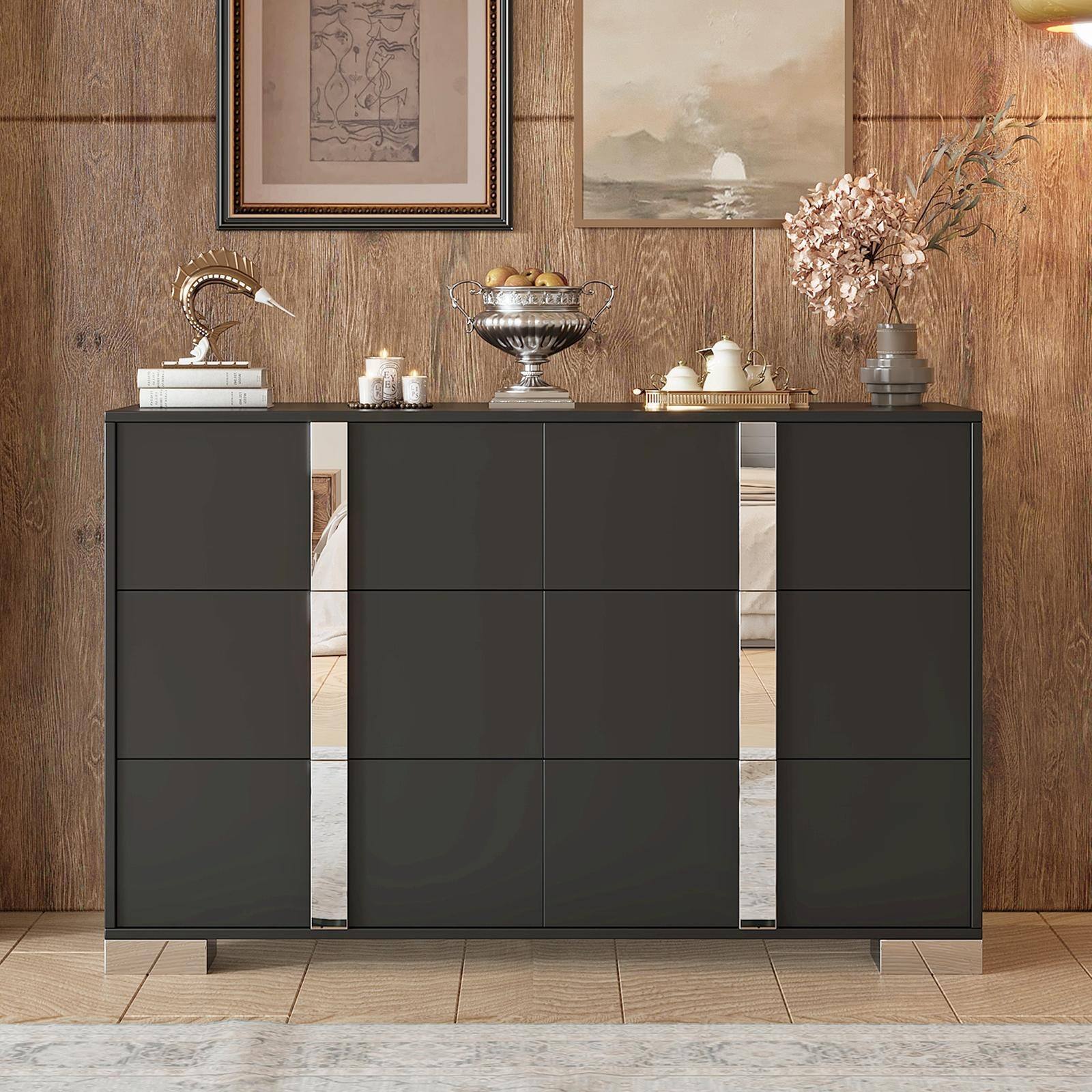 Back. Spaco - Spaco Mirrored Storage Cabinet Dresser with 6 Drawers for Bedroom,Elegant Modern Dresser with Metal Foot,Living Room - Black.