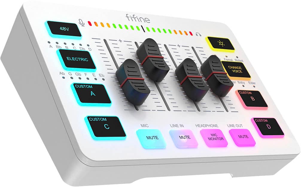 FIFINE - USB Audio Mixer - 4 Channel Audio Interface with RGB for Gaming, Streaming, Content Creation - White - Front_Zoom