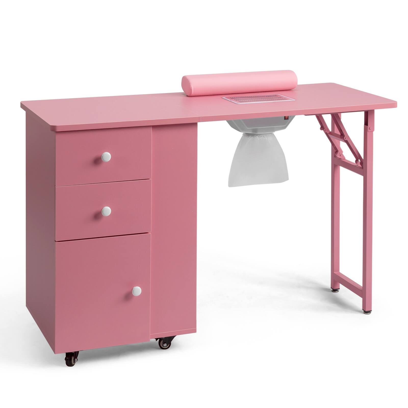 Back. Winado - Foldable Manicure Table Nail Table Nail Desk Station with Electric Dust Collector & Drawers & Bottom Cabinet for Beauty - Pink.