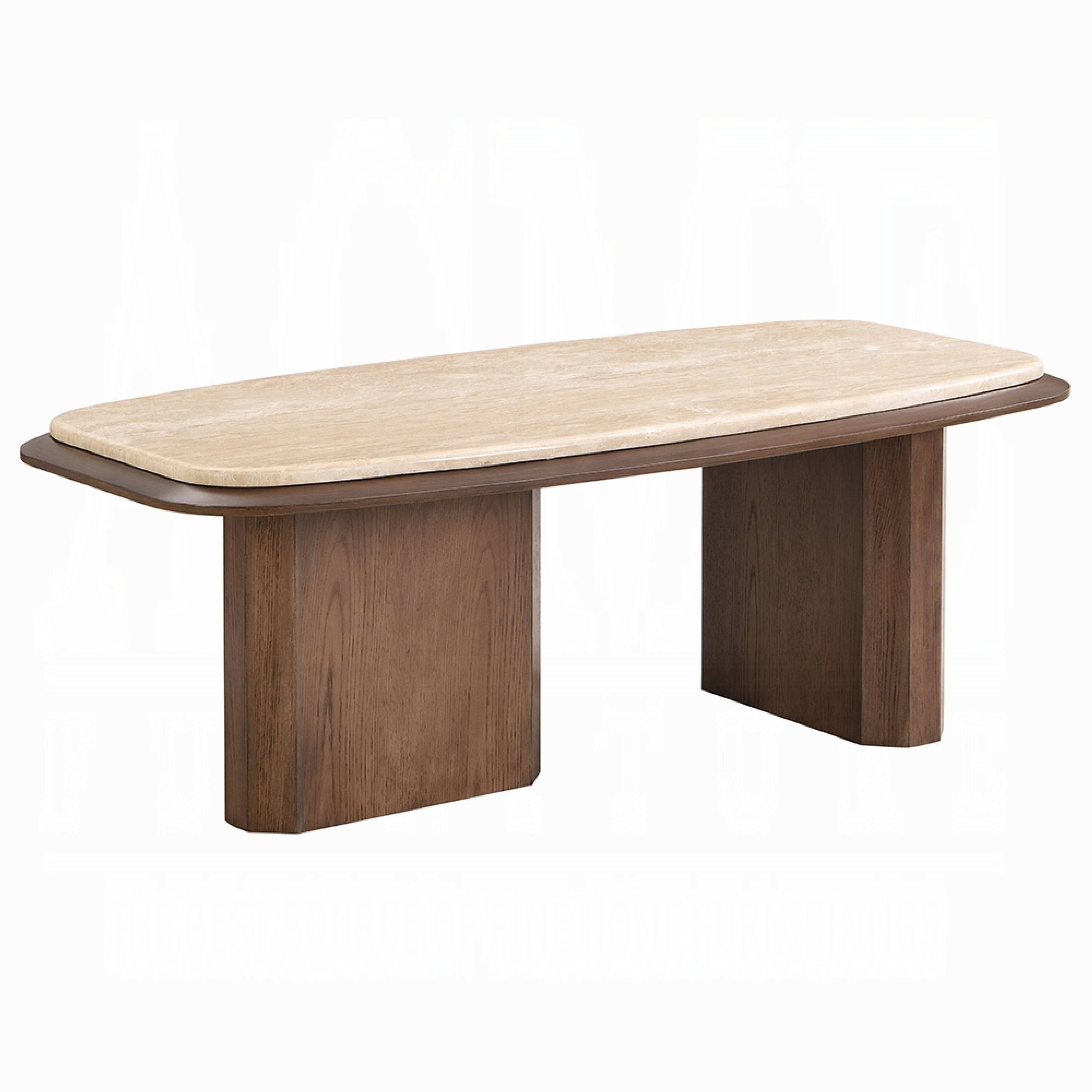 Front. Manhattan Lane - Pery Coffee Table, 51 Inch Beige Travertine Stone Top - Beige, Walnut Brown.