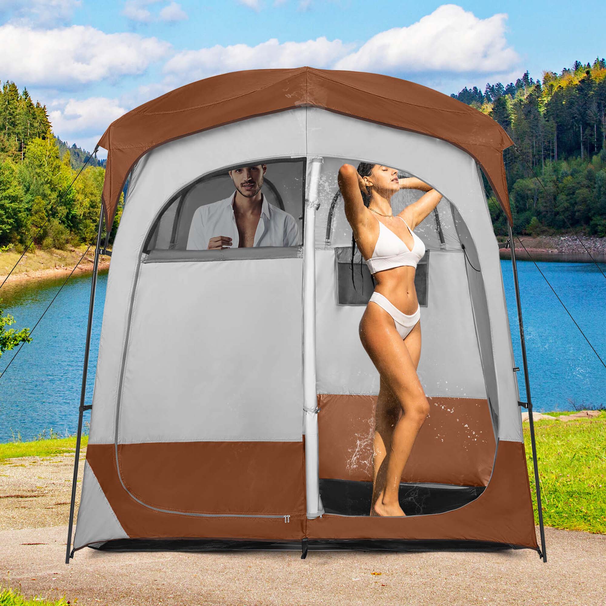 Alt View 1. Costway - Costway 2 Room Shower Tent Oversize Privacy Shelter Portable Dressing Toilet Outdoor - Brown.