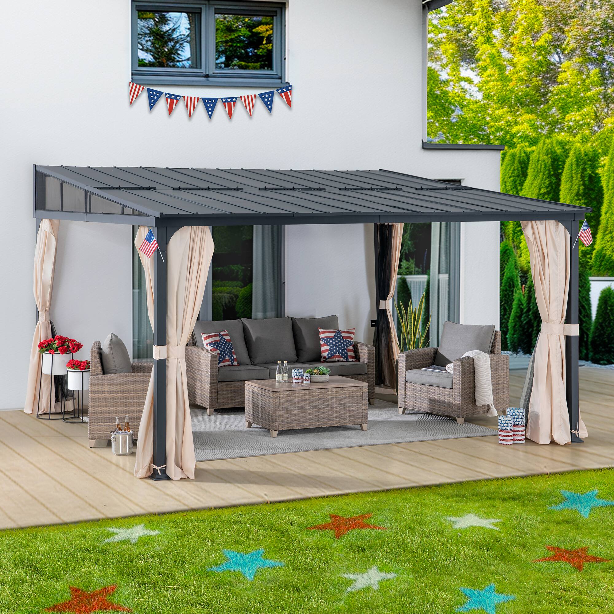 Alt View 2. SUNJOY - Sunjoy 12ft. x 14ft Wall Mounted Gazebo with Powder Coated Steel Roof, Black Aluminum & Metal Frame Lean to Gazebo - 12*14 Metal Roof.