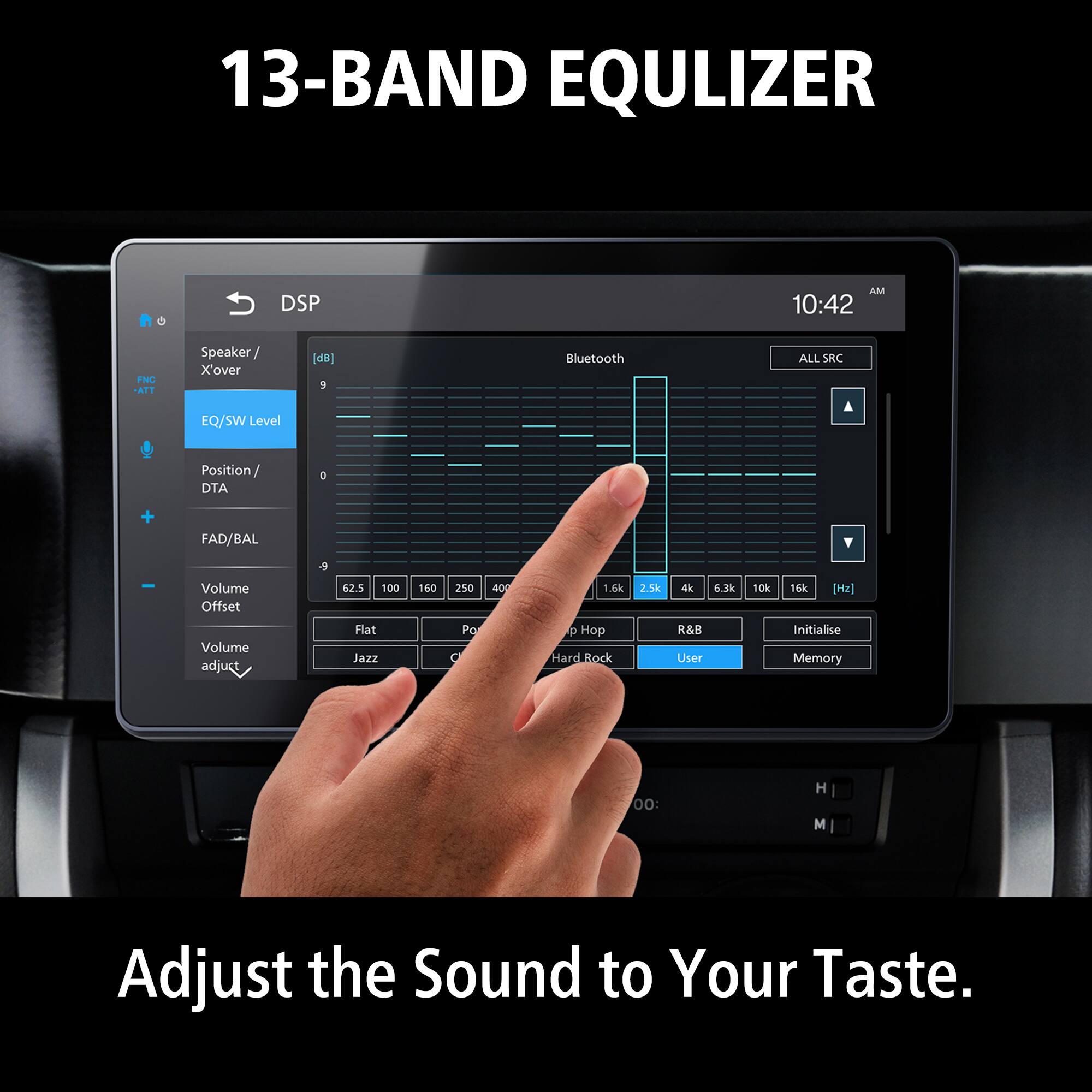 13-BAND EQULIZER DSP AM 10:42 FNC -ATT Speaker / Xover [ap] 5 Bluetooth ALL SRC EQ/SW Level Position / DTA a + FAD/BAL Volume Offset Volume adjust 62.5 100 Flat Jazz 160 250 Po 400 1.6k p Hop Hard Rock 2.5k dk 6.3k 10k 16k [Hz] Initialise Memory 00: H M Adjust the Sound to Your Taste.