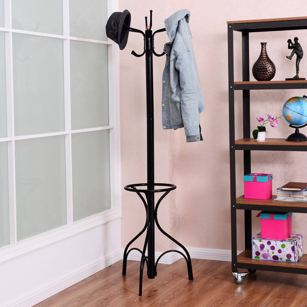 Alt View 1. Boyel Living - Black Vintage Space Saving Metal FreeStanding Coat Rack with Umbrella Stand - Black.