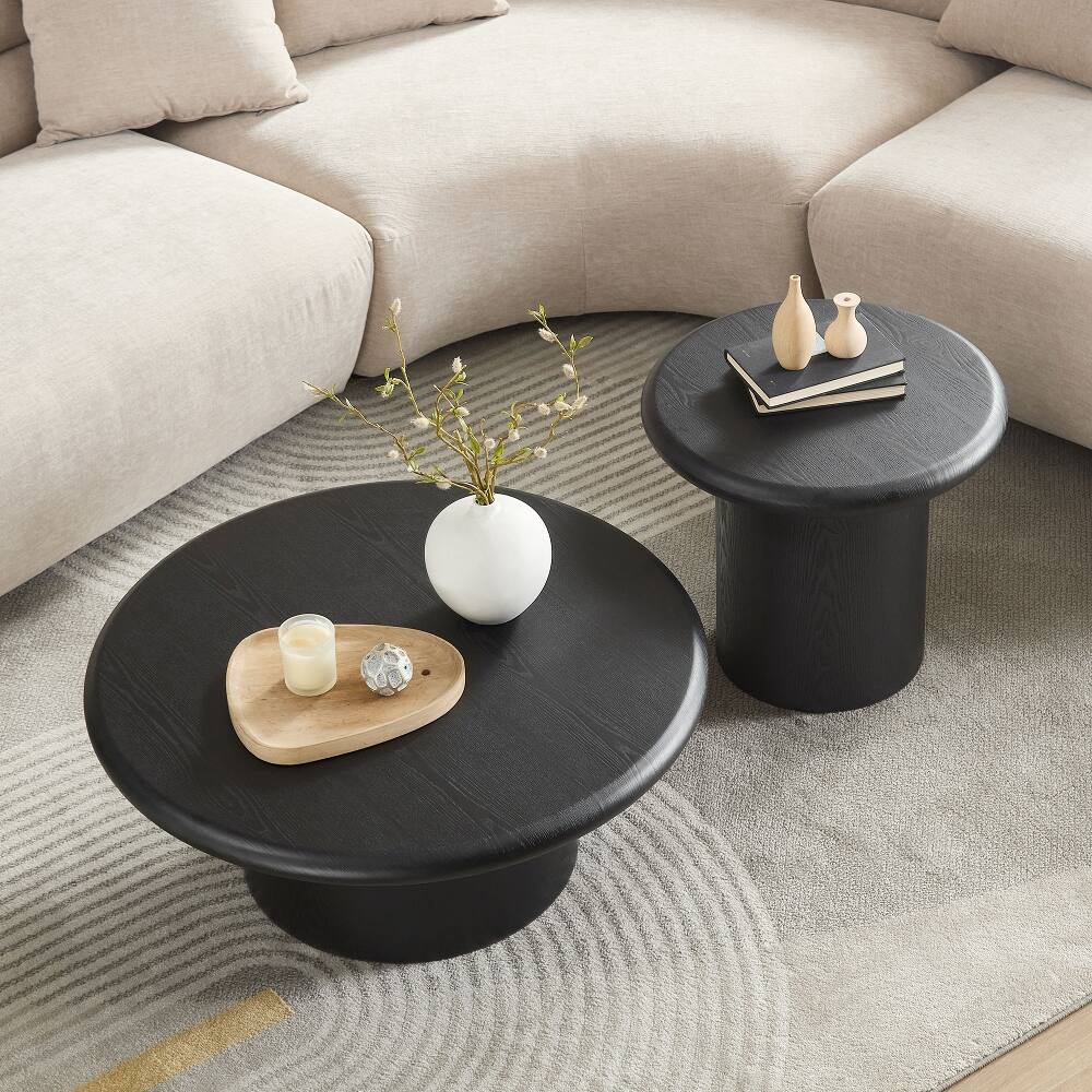 Alt View 2. Loheer - Loheer 2-Piece Modern Round Coffee Table Set Black Nesting Wood Veneer Easy Assembly - Black.