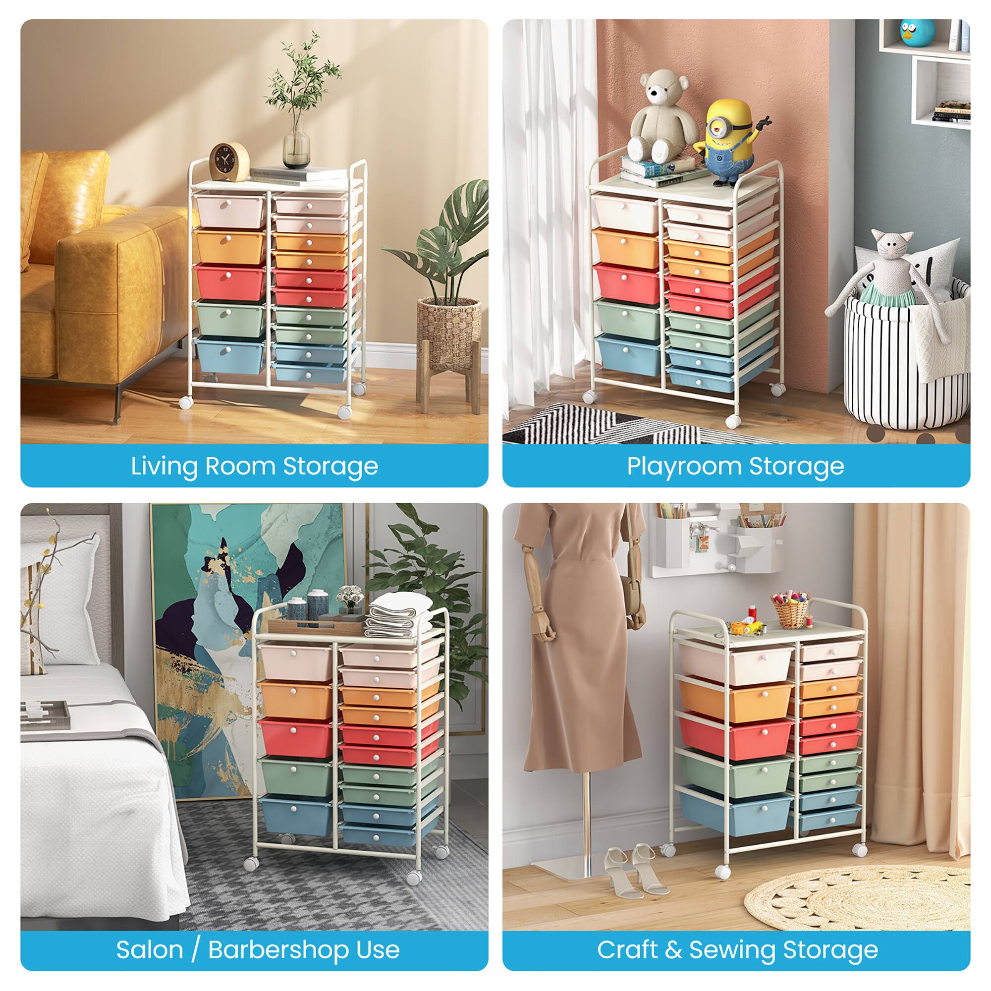 Living Room Storage  
Playroom Storage  
Salon / Barbershop Use  
Craft & Sewing Storage