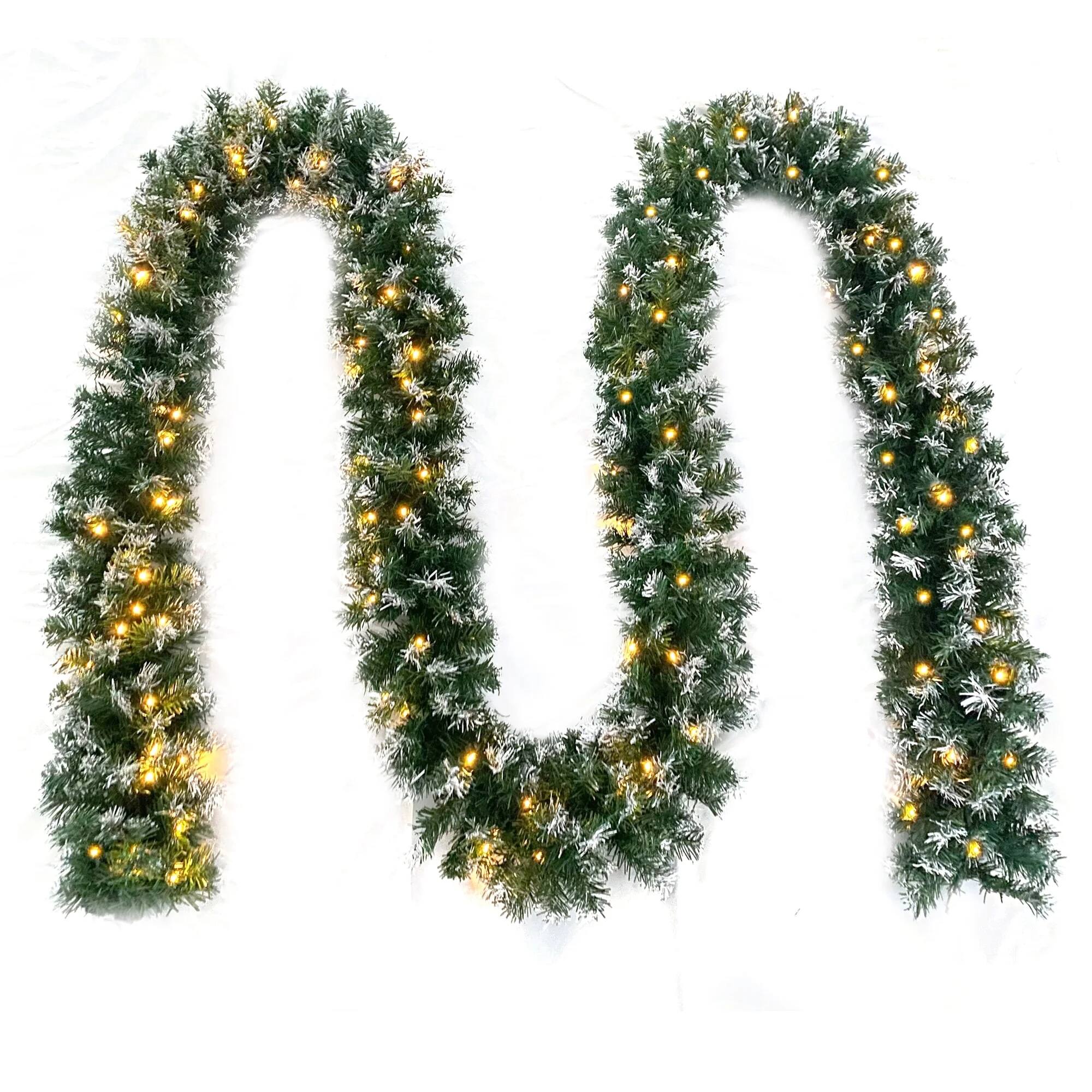 Left. MOVSSOU - 18ft Christmas Garland 50 LED Lights Pre-Lit Artificial Xmas Garland Snow Flocked Wall Christmas Decorations - green.